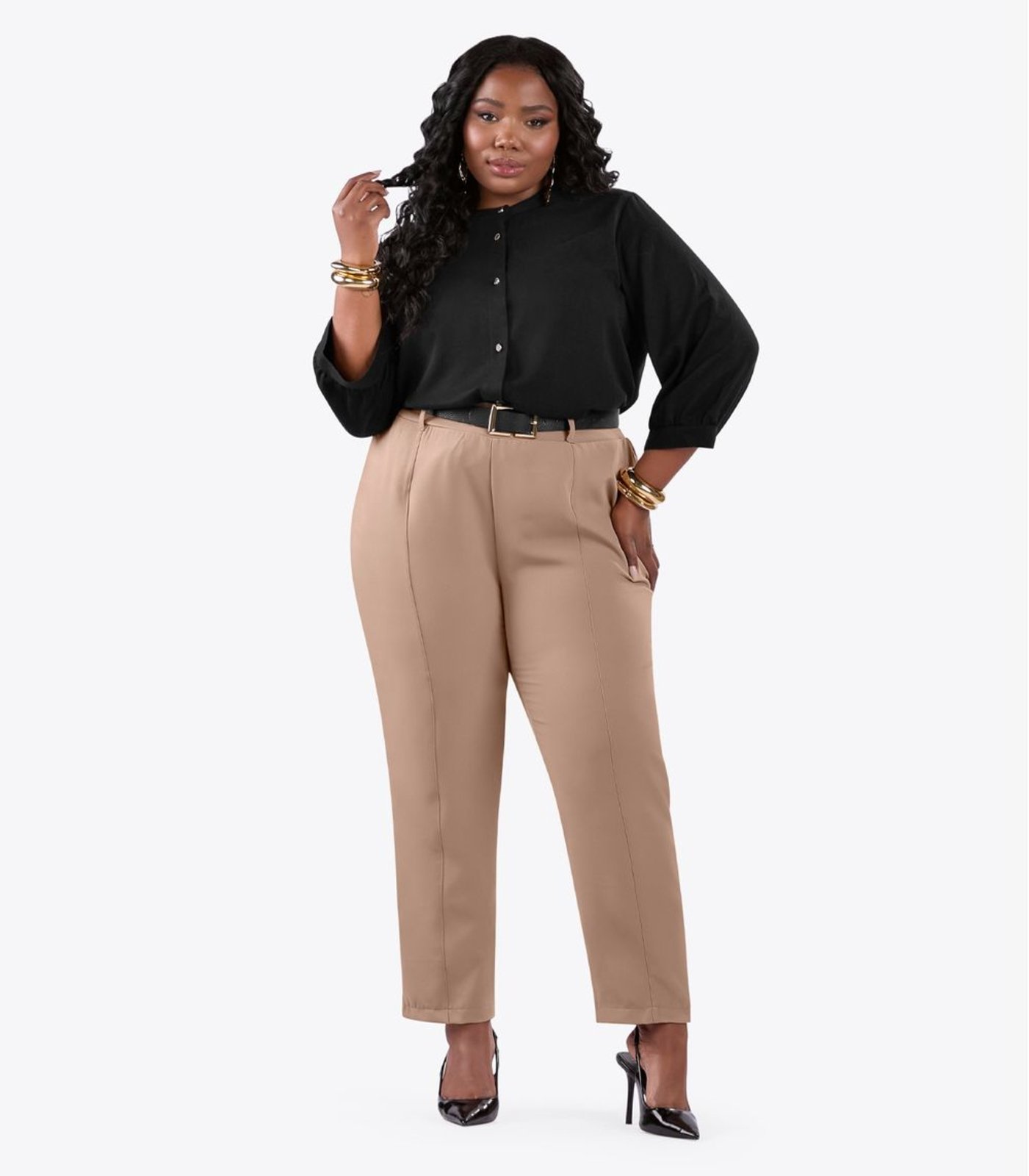 Calça Feminina Alfaiataria Plus Size Secret Glam Marrom