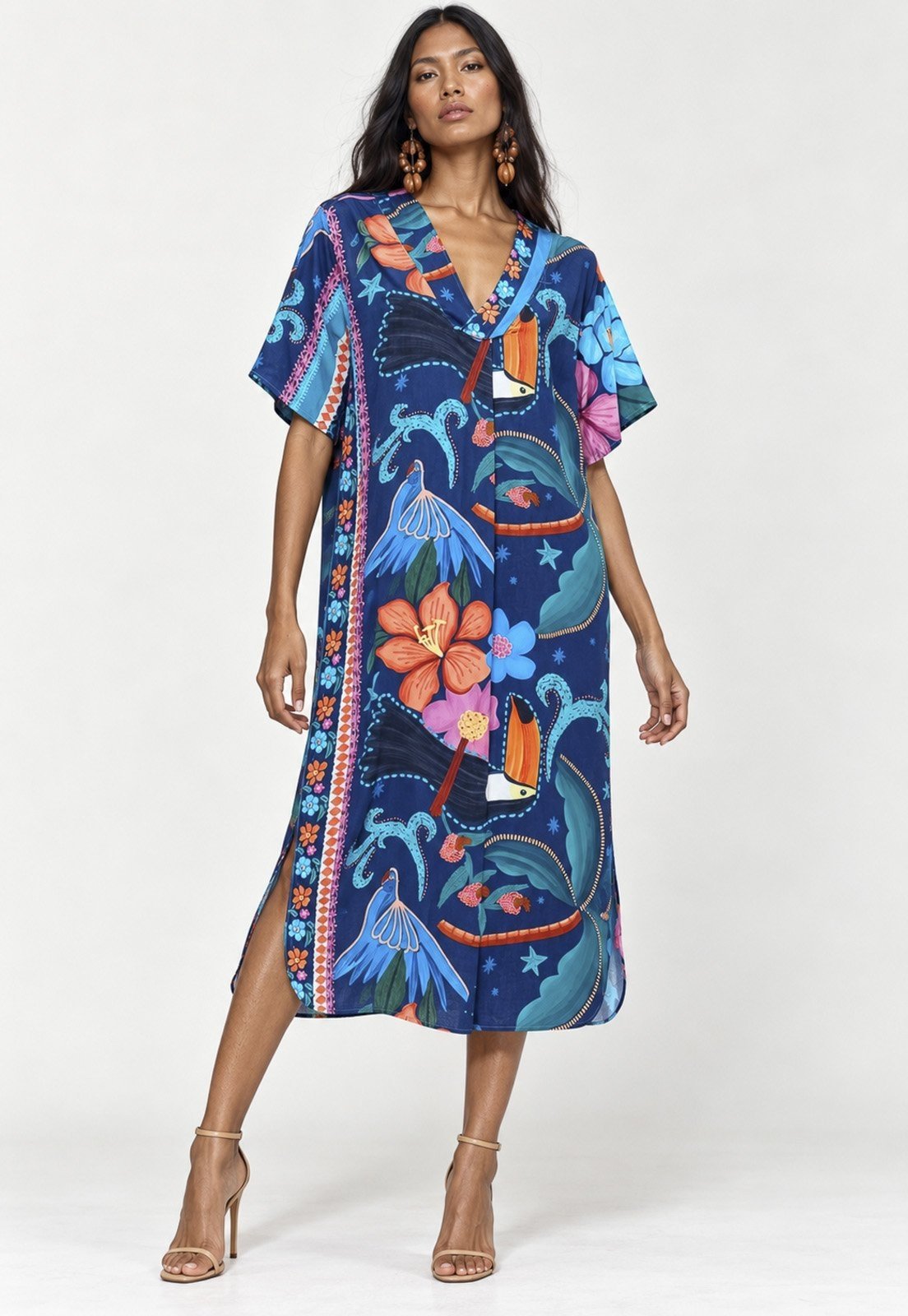 Vestido Amazonia Vital Midi Maicá Viscose Estampa Florada do Arapiuns