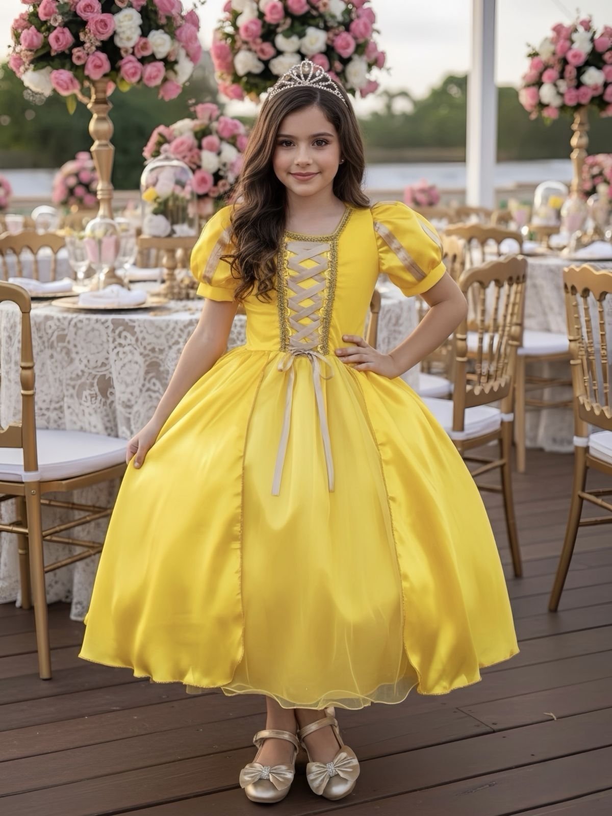 Infantil - Vestido Fantasia Princesa Amarelo Princesas Carnaval Festa Dia das s Menina Luxo