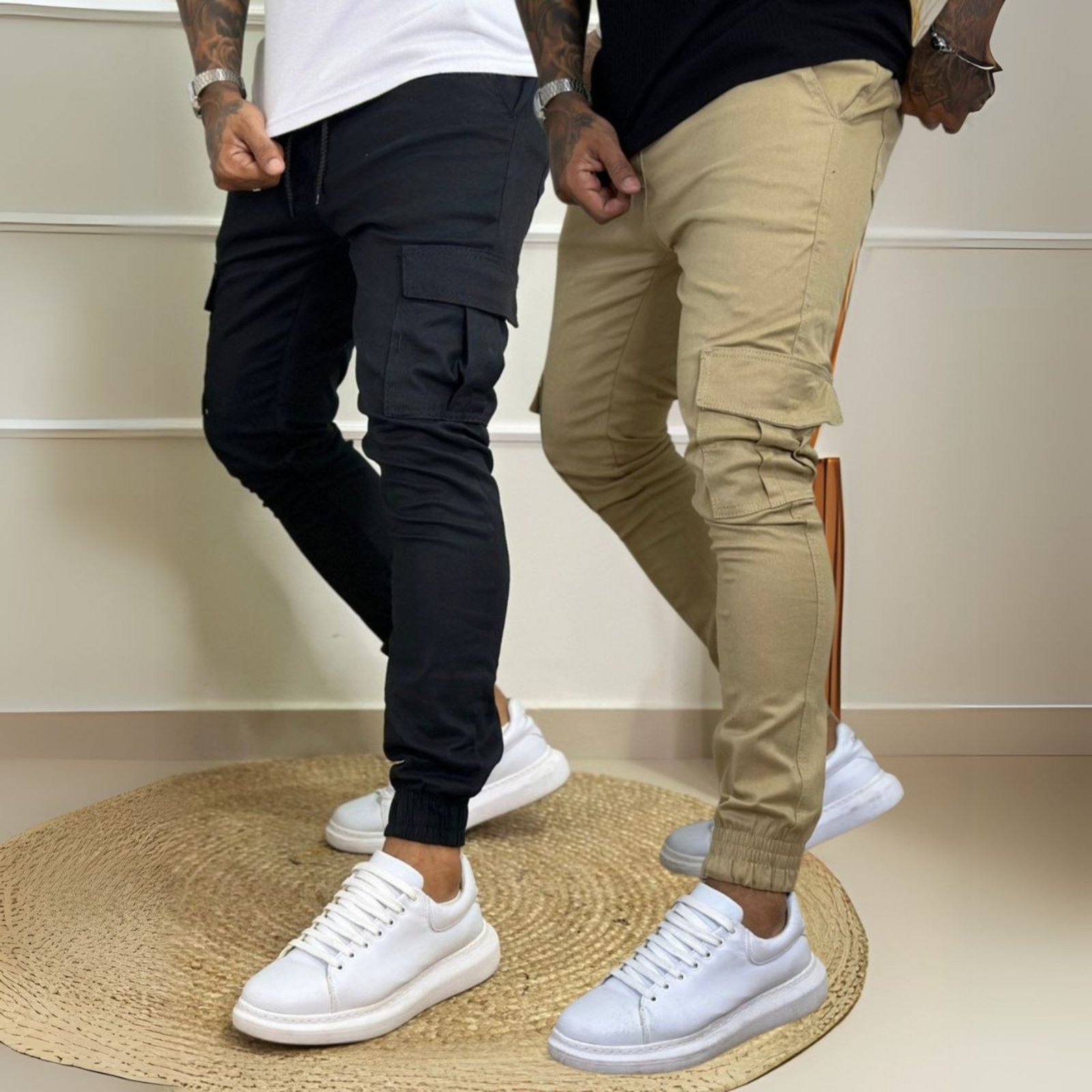 Kit 2 Calça Jogger Cargo Masculina Preto e Bege Linha Premium 100% Algodão