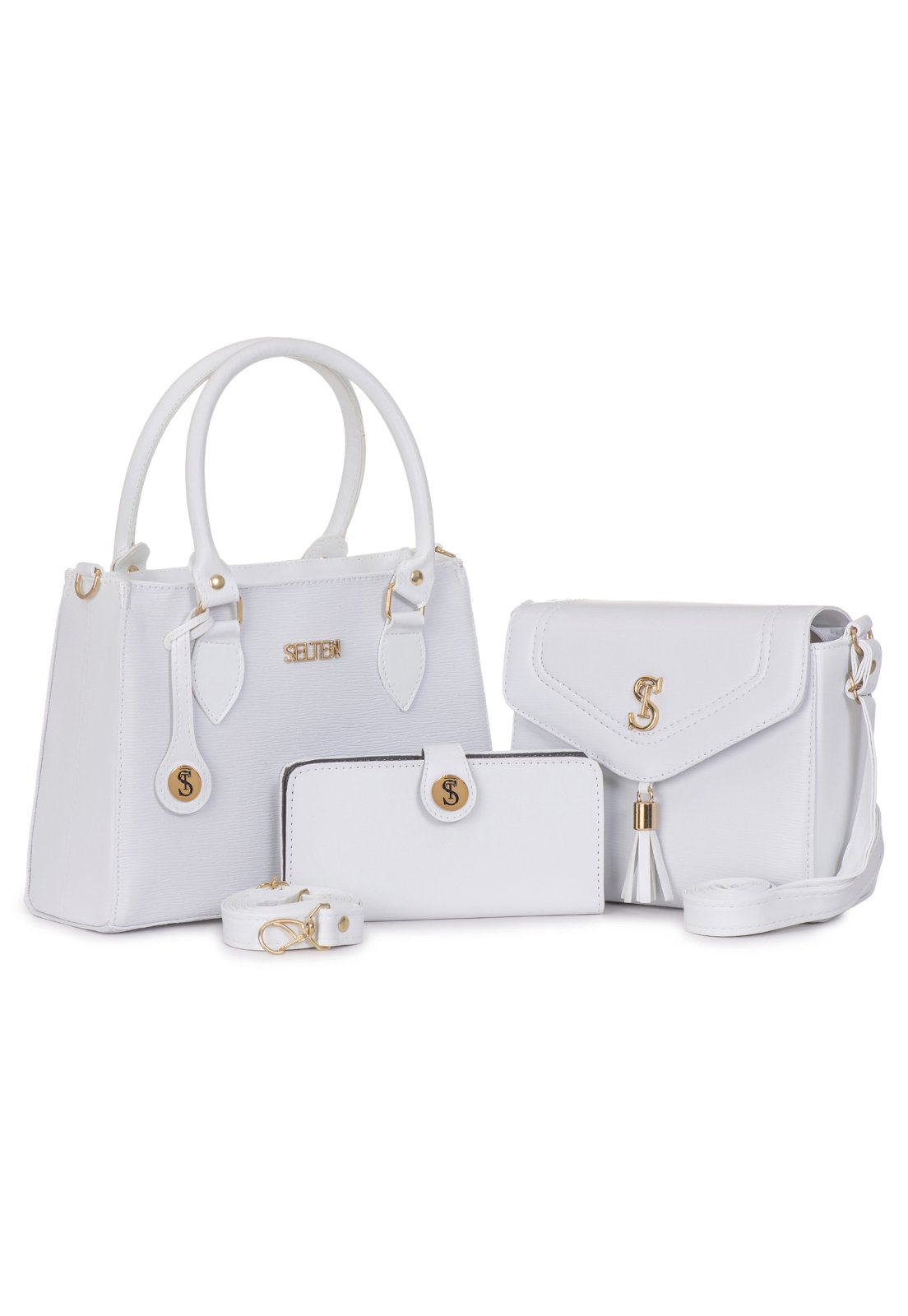 Kit Bolsa Feminina Alça Lateral e Transversal + Bolsa Média Tampa E Carteira Branca Selten