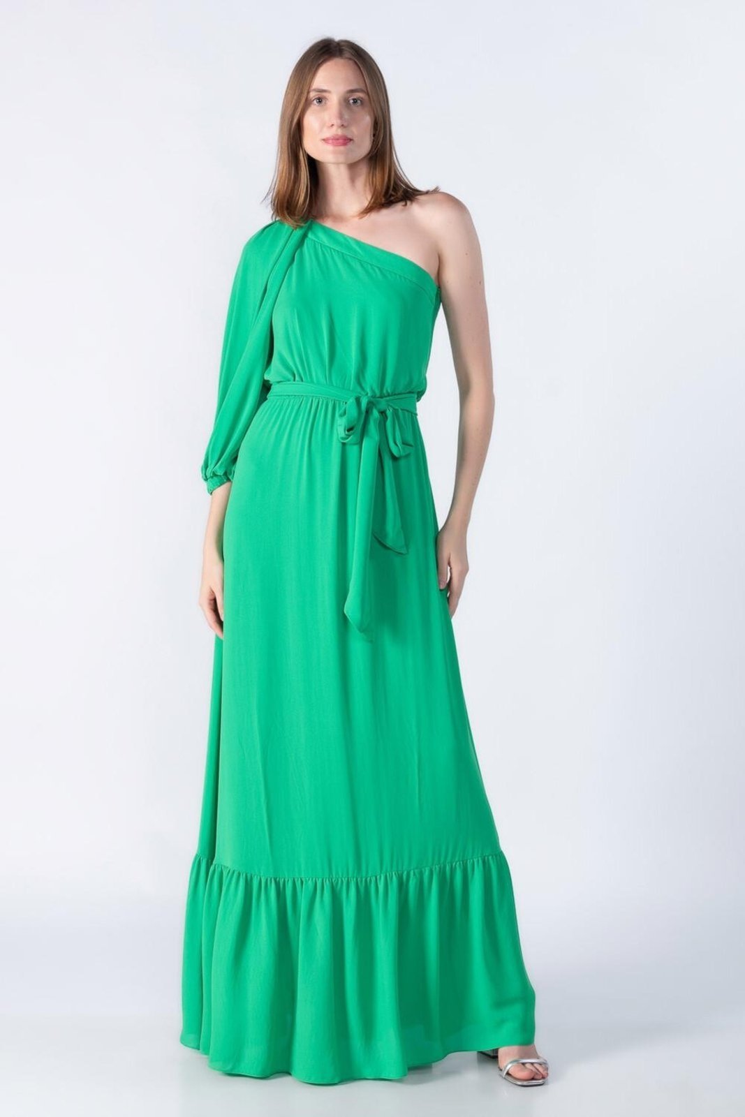 Vestido longo um ombro com babado Verde