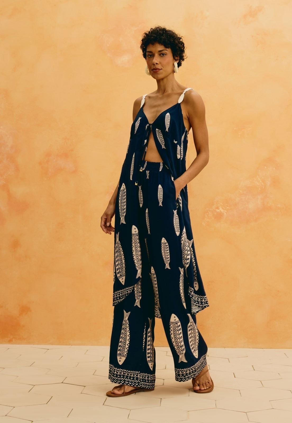 Calça Pantalona Estampada Cayma Azul