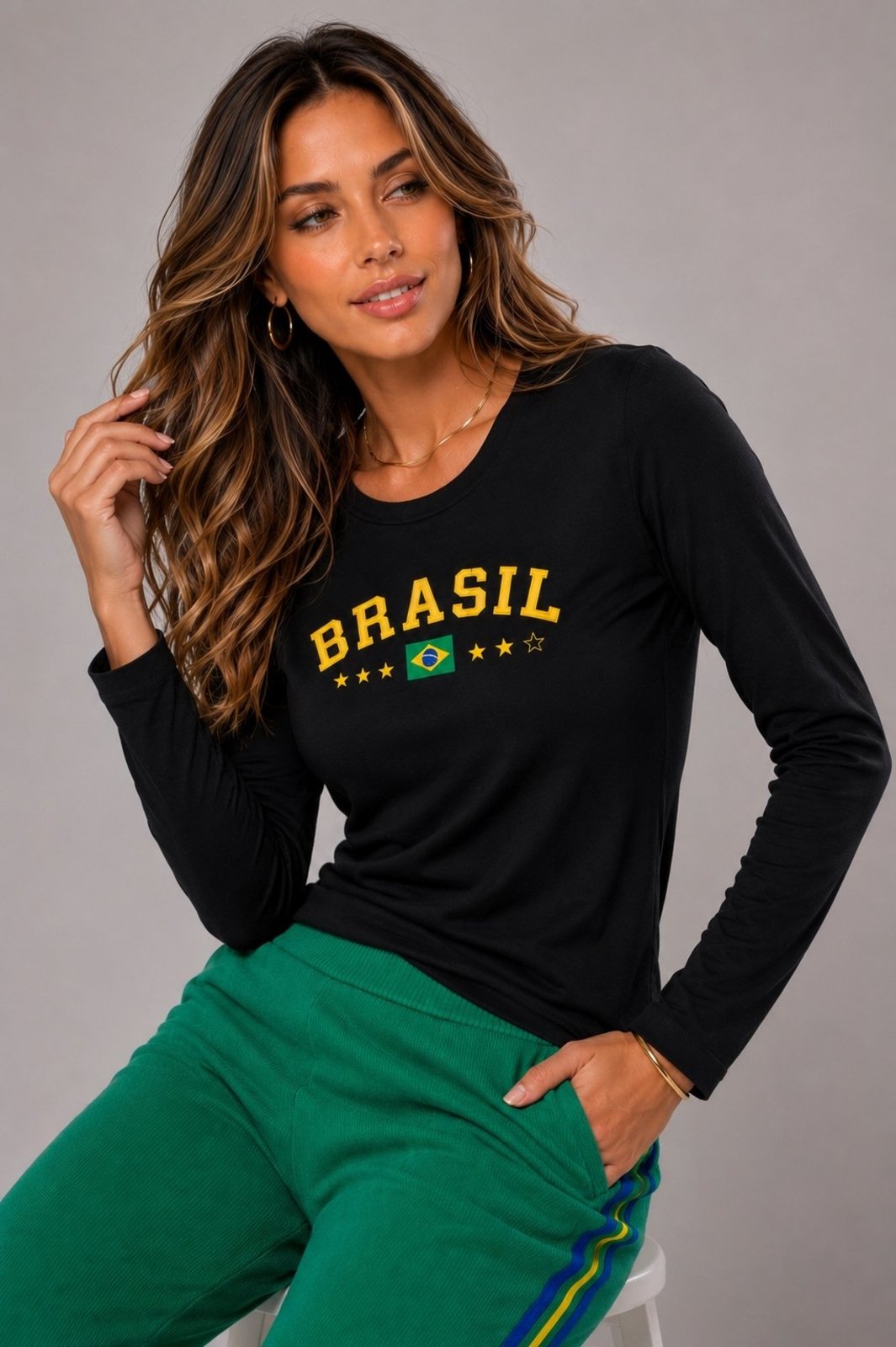 Blusa Malha Comfy Brasil Manga Longa Salvatore Preto