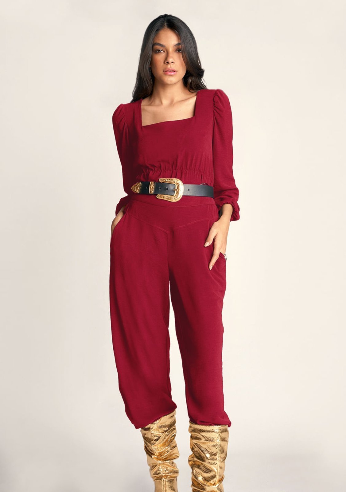 Calca Zinco Pantalona Cós Alto Bolso-Faca Bordô