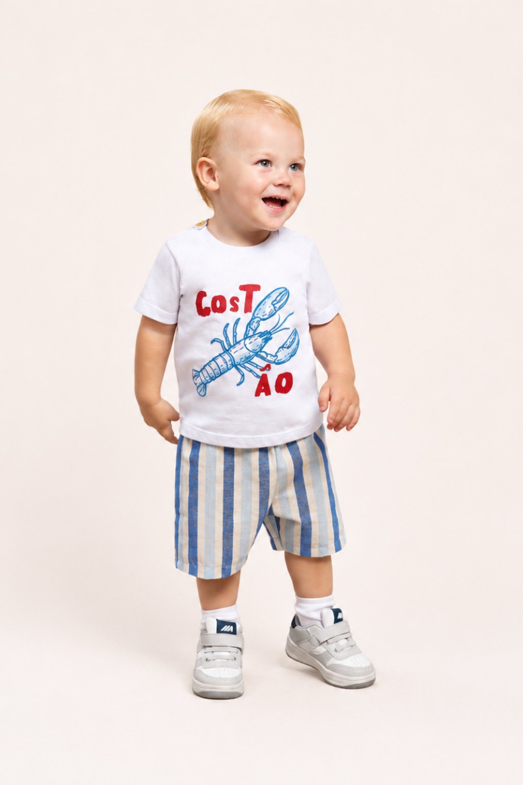 Infantil - Conjunto Menino Camiseta Lagosta e Bermuda Listrada