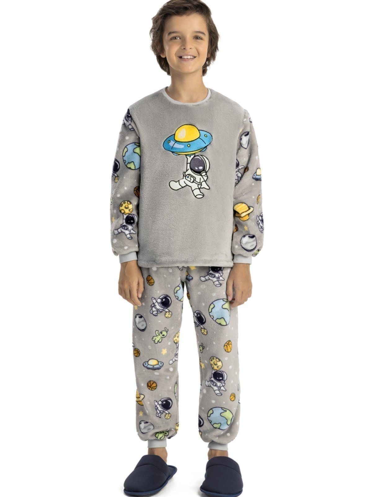 Pijama em Fleece Menino Brilha no Escuro Magicamente Astronauta Cinza