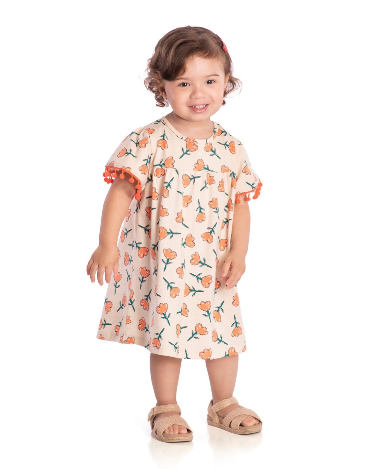 Infantil - Vestido manga curta malha flores laranja