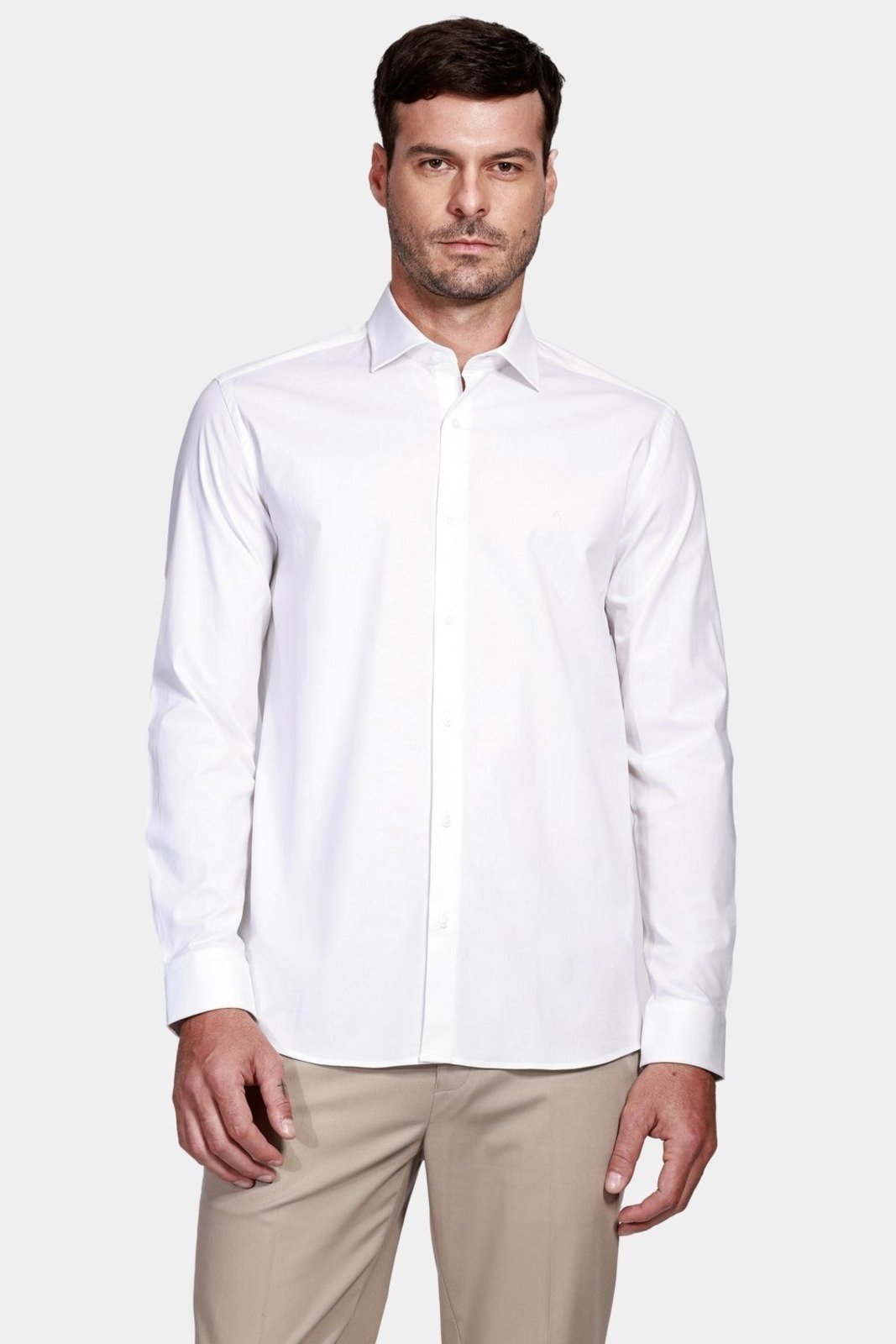 Camisa Manga Longa Cosmo Slim em Tricoline Stretch Liso Branco – P