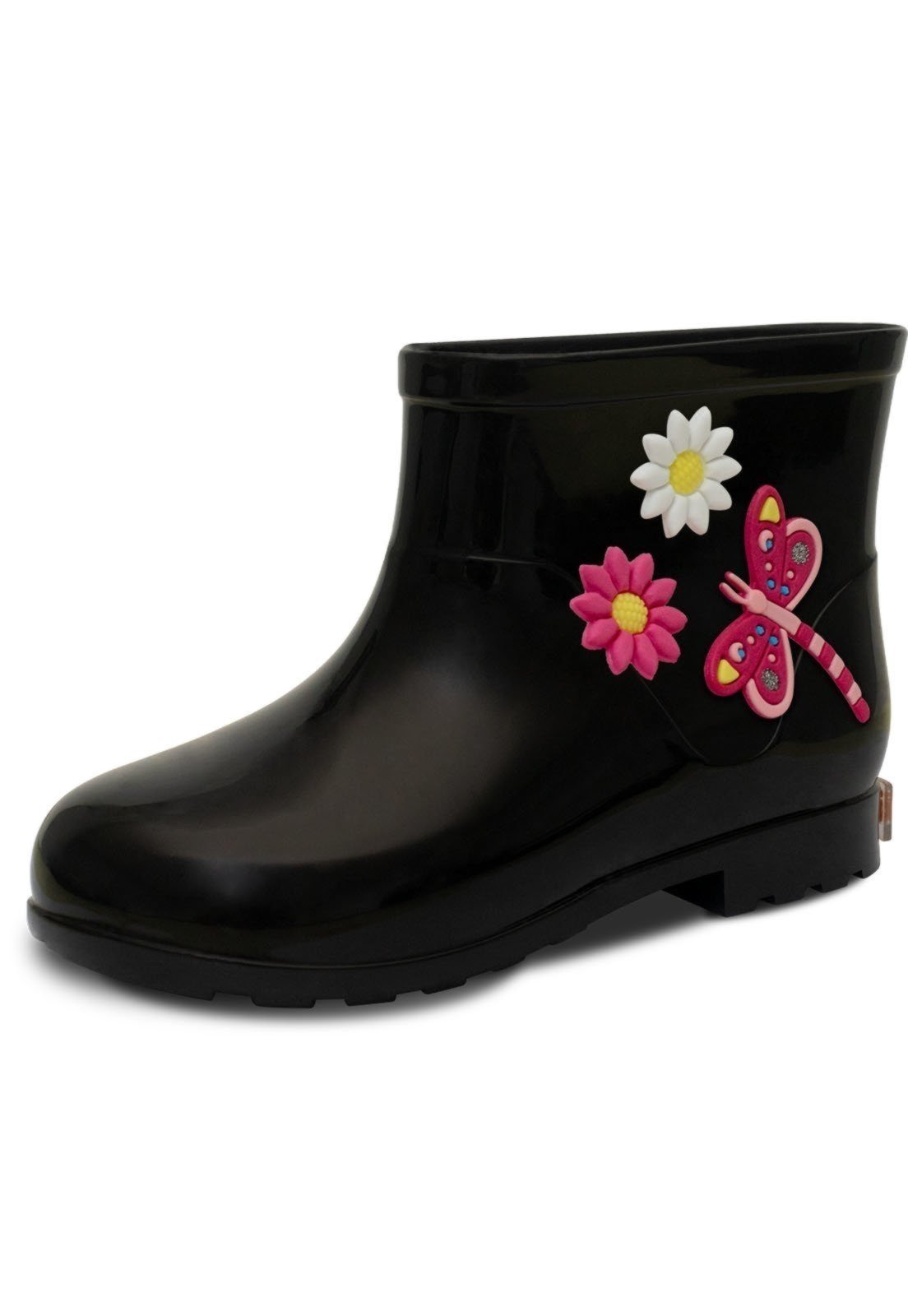 Infantil – Bota Galocha Cano Baixo Pópidi Menina Libélula Flores Preto