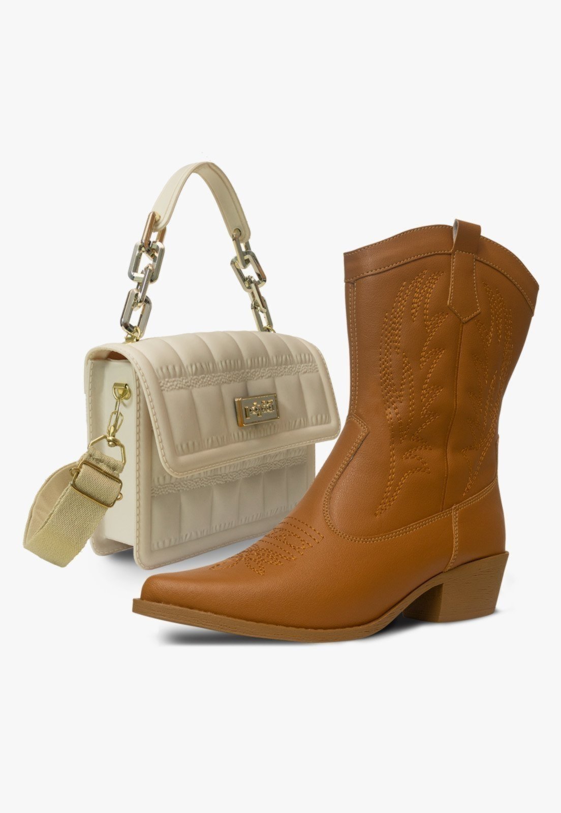 Infantil - Kit Bolsa com Bota Texana Country Western Feminina Saltinho Confortavel Pópidi Caramelo