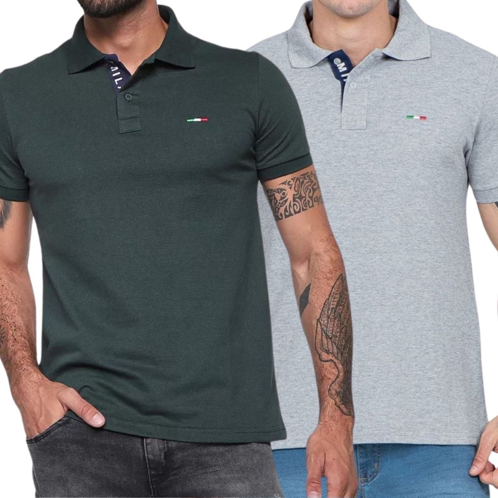 Kit 2 Polos Masculina Básicas FMF Piquet no Estilo Tommy Bordado Itália Verde Cinza