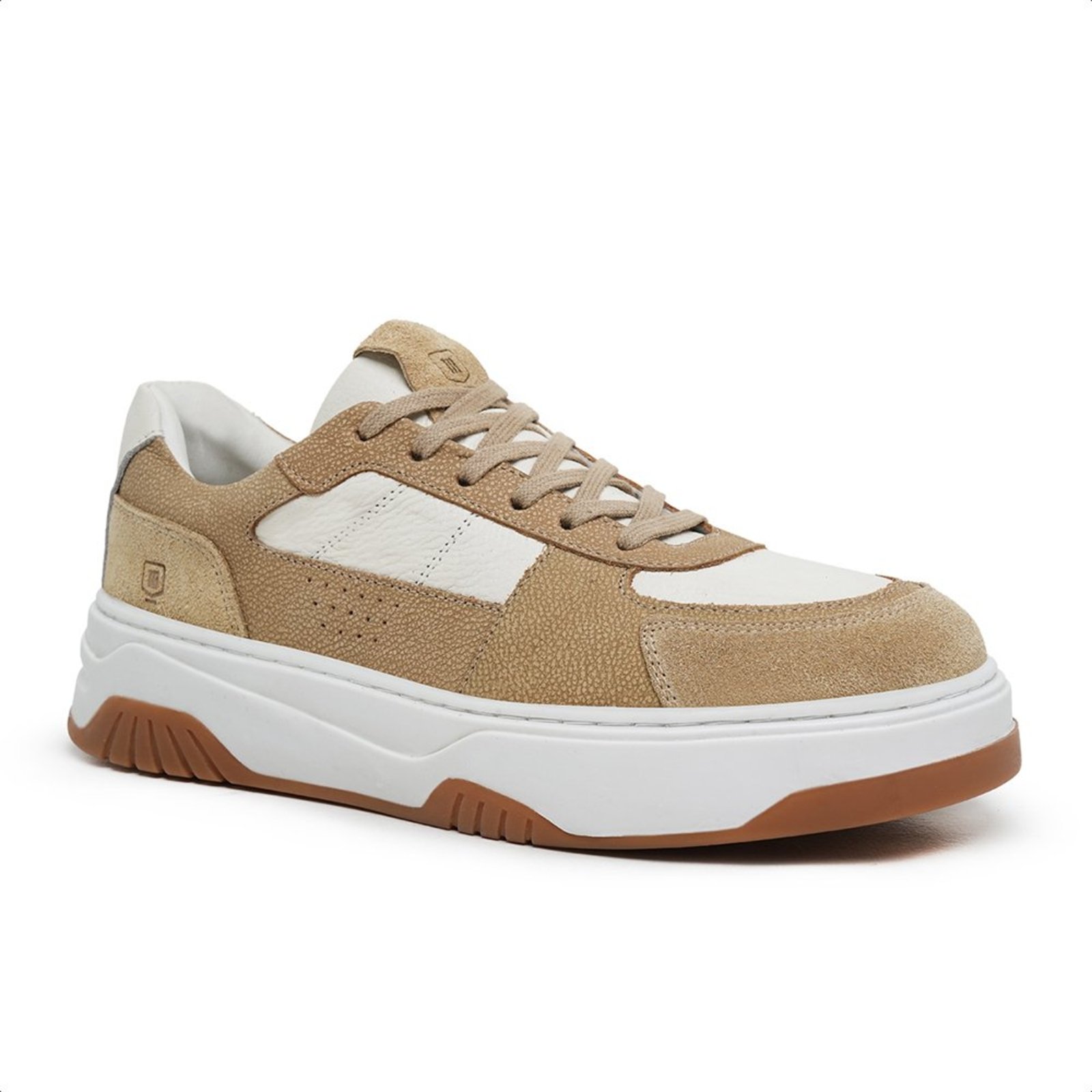 Tênis Masculino Malbork Couro Bege e Branco Casual Confortável 030701BG