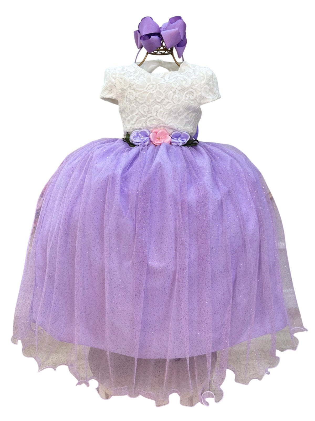 Infantil - Vestido Festa Longo Off White Saia Lilás Lavanda Florista Dama Daminha Casamento Formatura Social Menina Juvenil Juvenil Princesa Rodado Aniversário Luxo