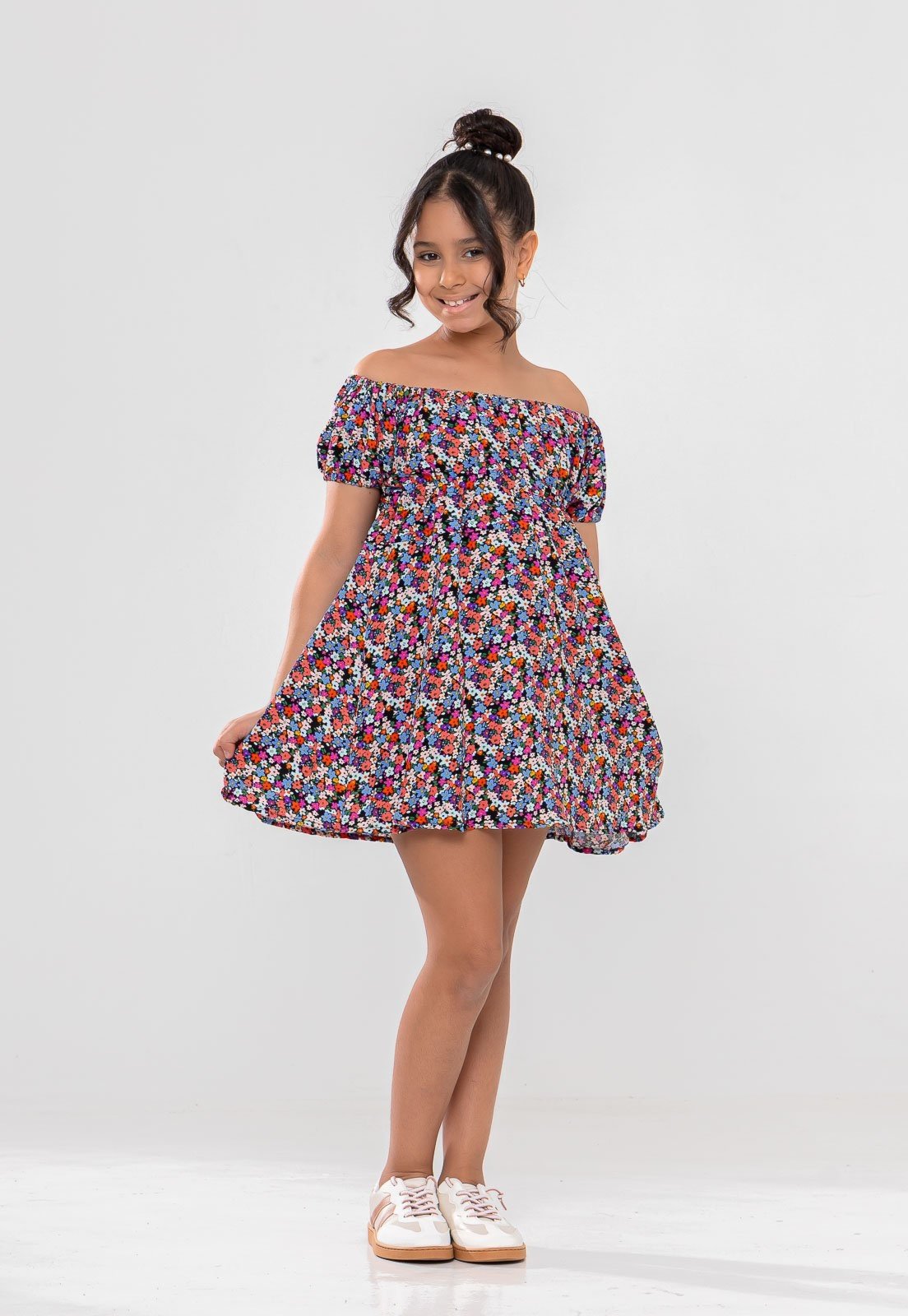 Infantil - Vestido Aura Celeste Viscolinho Floral Preto
