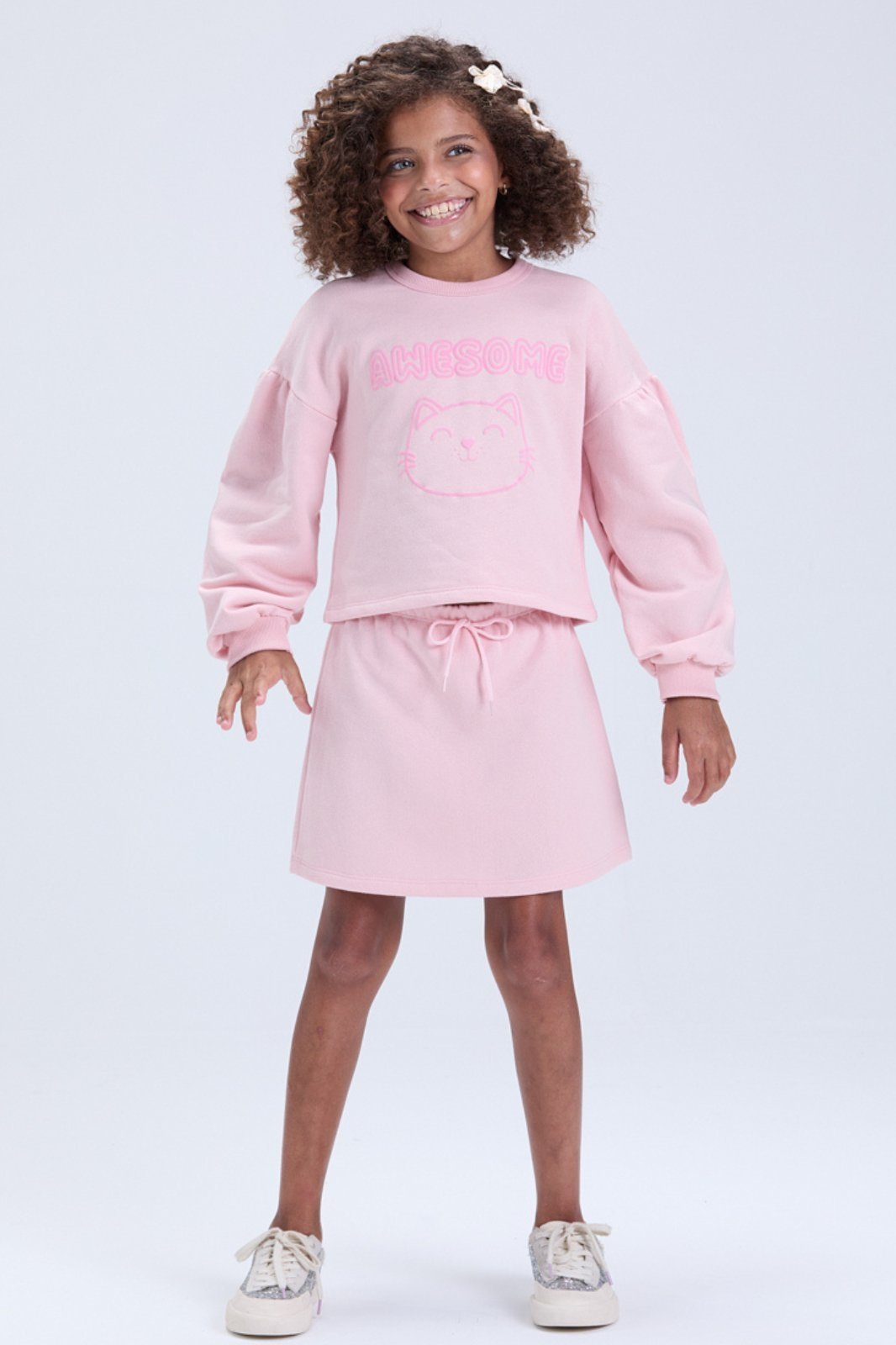 Infantil - Conjunto Feminino Moletom Cropped Gatinho com Saia