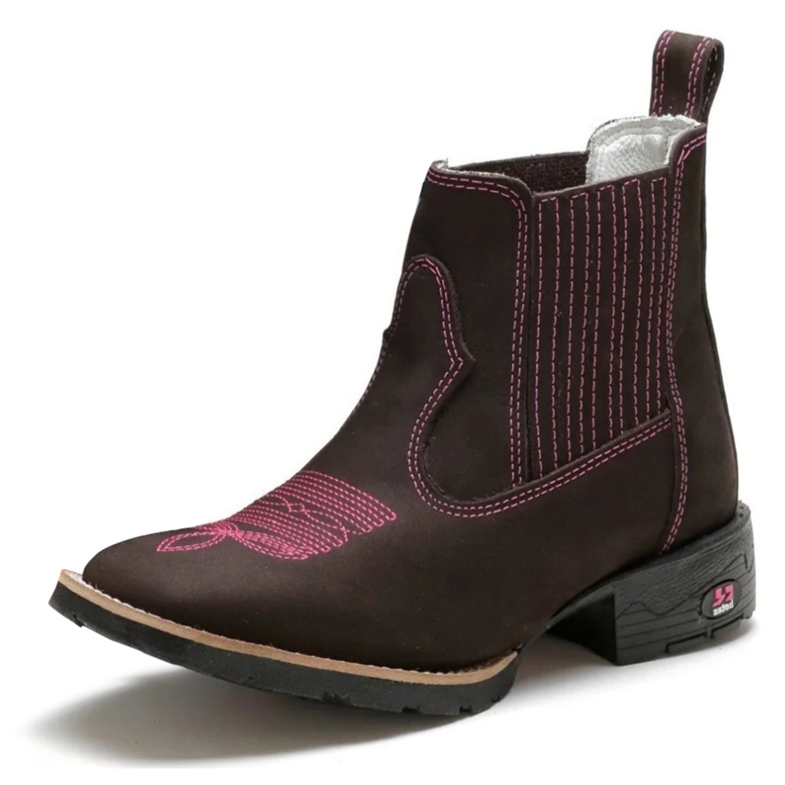Bota Feminina RR Botas Texana Country Couro Elástico Bordado Bico Quadrado Marrom