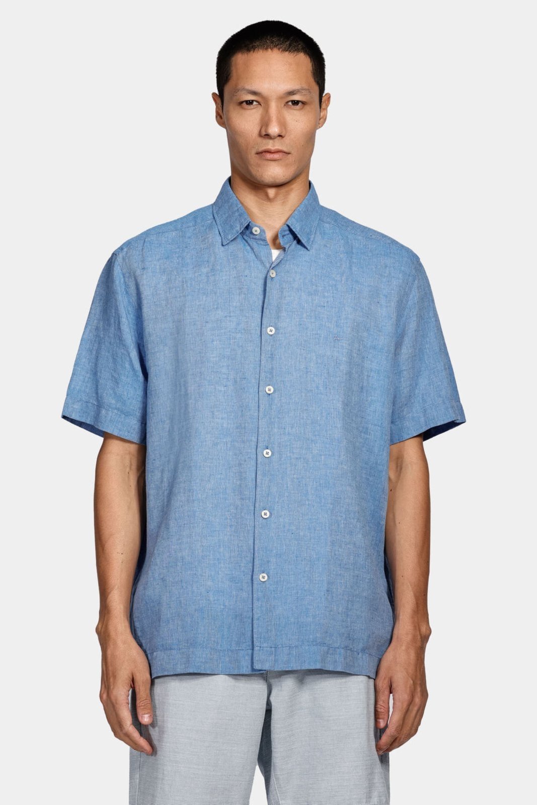 Camisa Aramis Manga Curta Regular Ampla Linho Algodão Azul