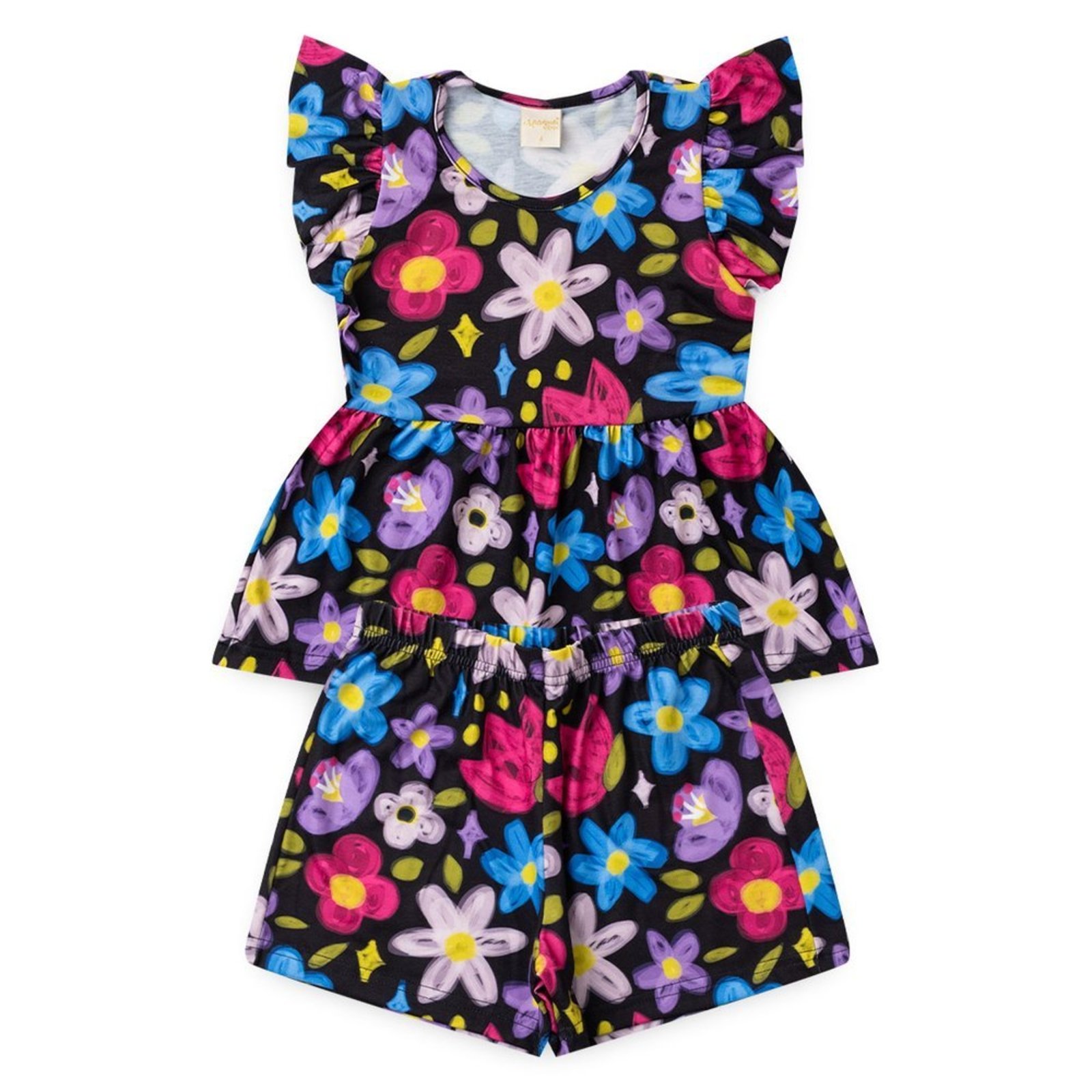 Infantil - Conjunto Verão Menina Preto Bata com Babado e Shorts Florido