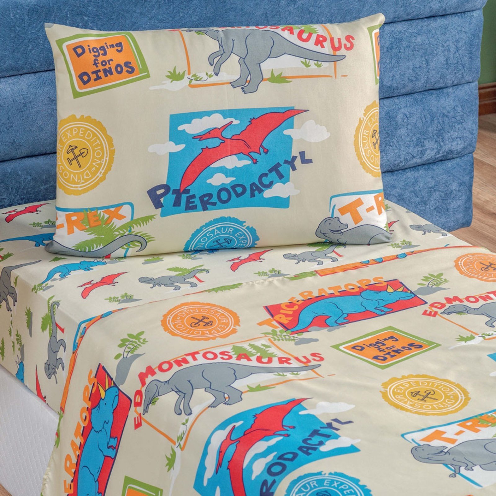 Jogo Cama Lençol Casa Scarpa Fantasy Solteiro Microfibra 3 Peças - Dinossauro - Palha