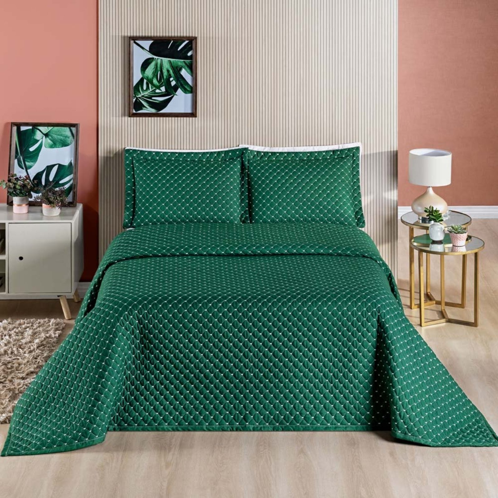 Kit Cobre Leito Colcha Casa Scarpa Vênus King Dupla Face Micropercal 200 Fios Liso 3 Peças - Verde Esmeralda