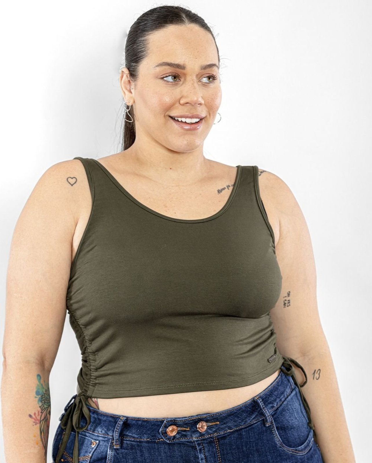 Blusa Fem Plus Cropped Viscolycra Amarração Lateral-90087 Verde Consciência