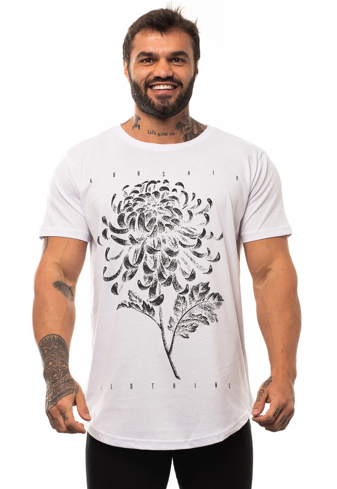Camiseta Longline Masculina MXD Conceito para Academia e Casual Flor de Crisântemo Bordô Meia Malha