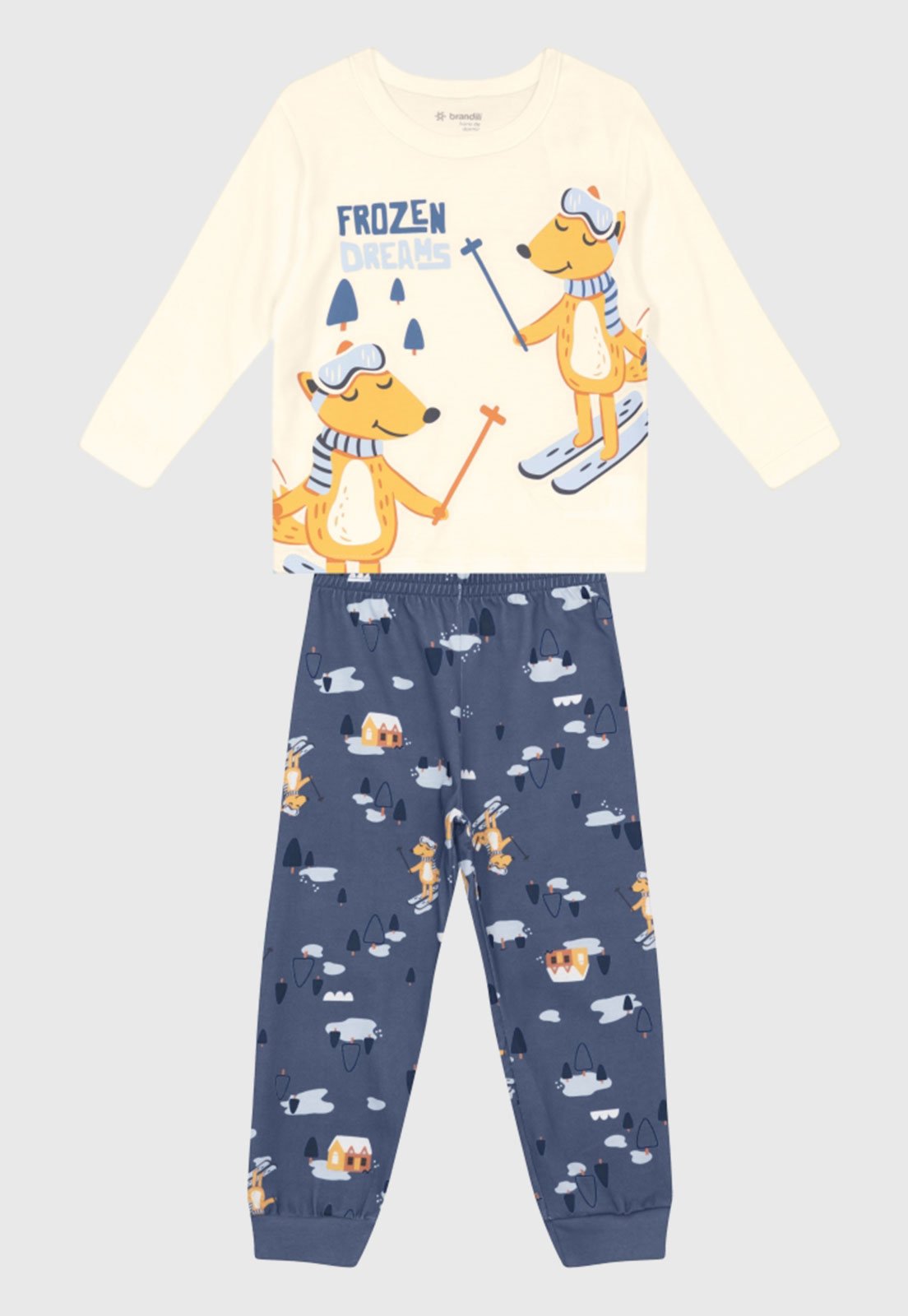 Pijama Brandili Estampa Frozen Dreams Off White e Azul Marinho
