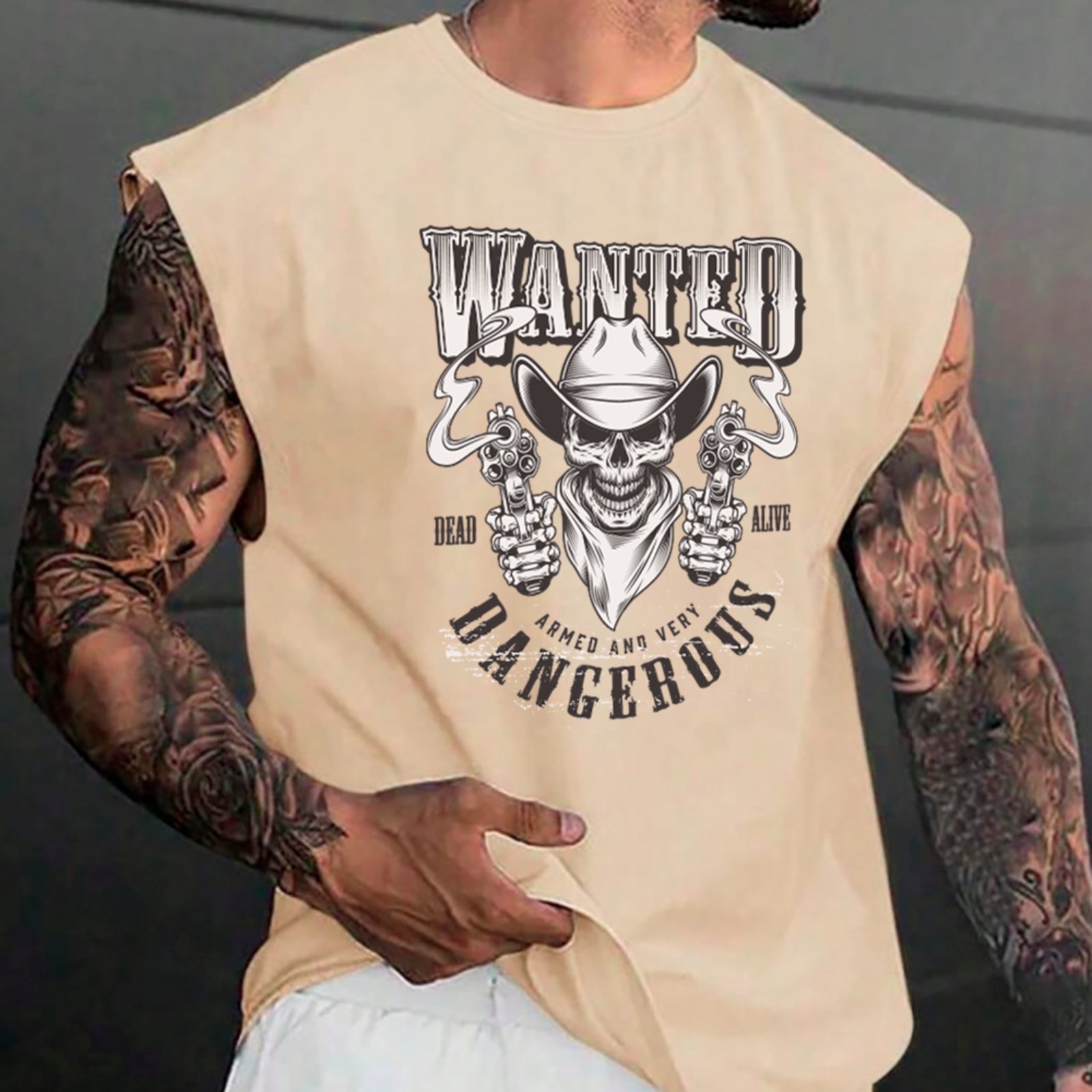 Camiseta Regata Machão Country Wanted Dead Or Alive Estilo Autêntico Western Masculina Off White