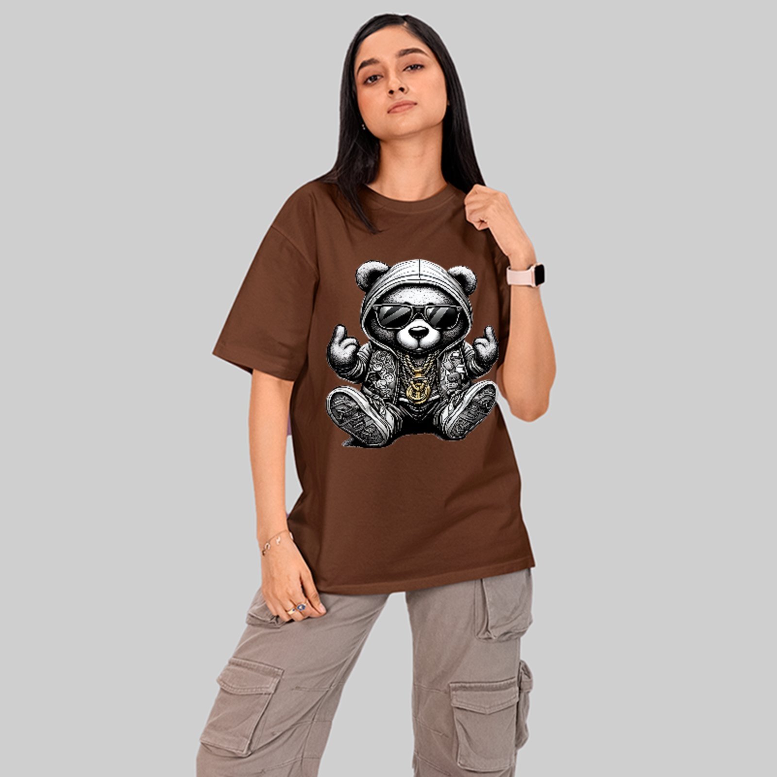 Camiseta Oversized Premium Panda Gangster Hip Hop Urban Street Unissex Marrom