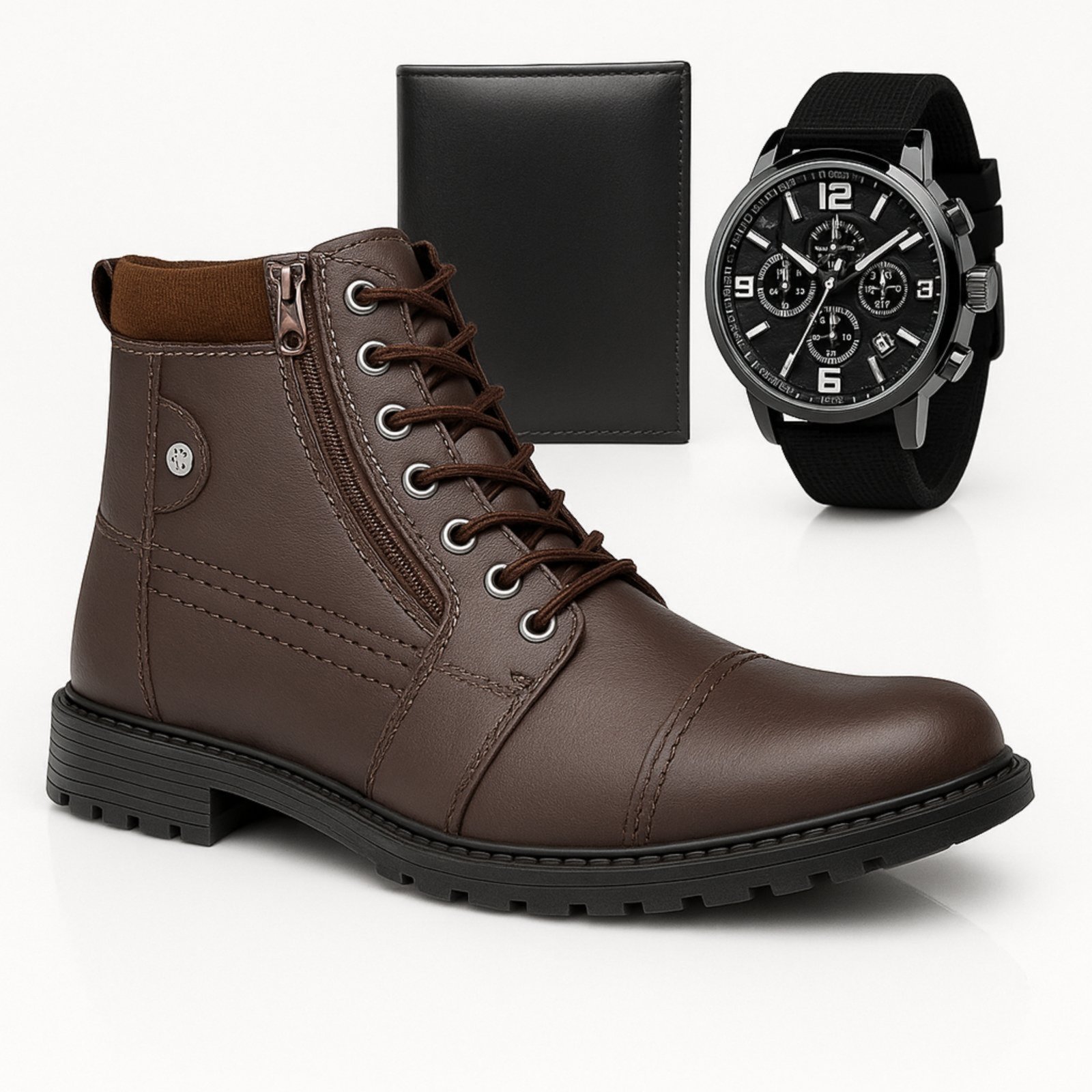 Coturno Masculino Sapatofran Cano Curto com Zíper com Relógio e Carteira Kit Marrom