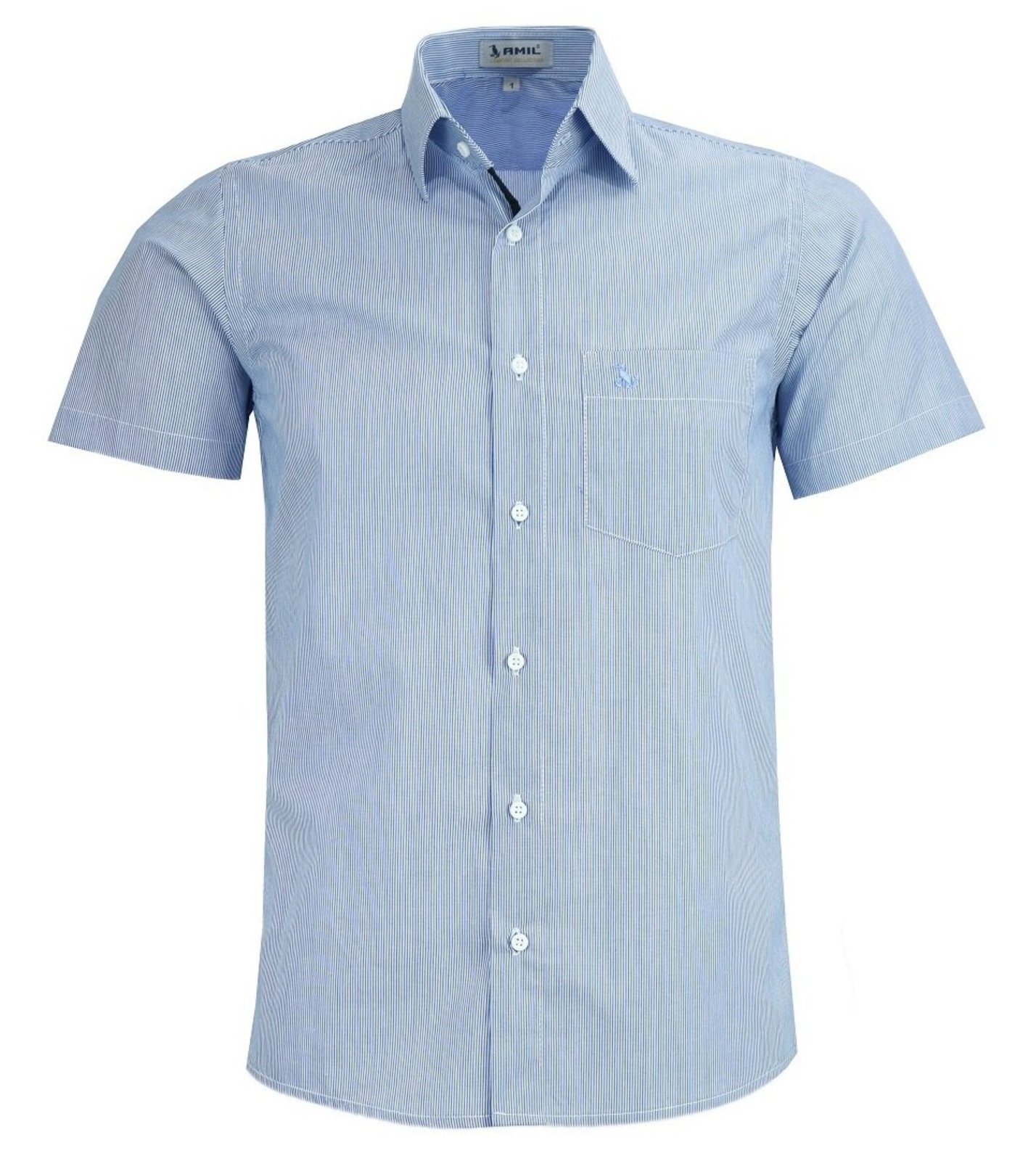 Camisa Social Amil Listrada Comfort Algodão Cronos Manga Curta Luxo Azul