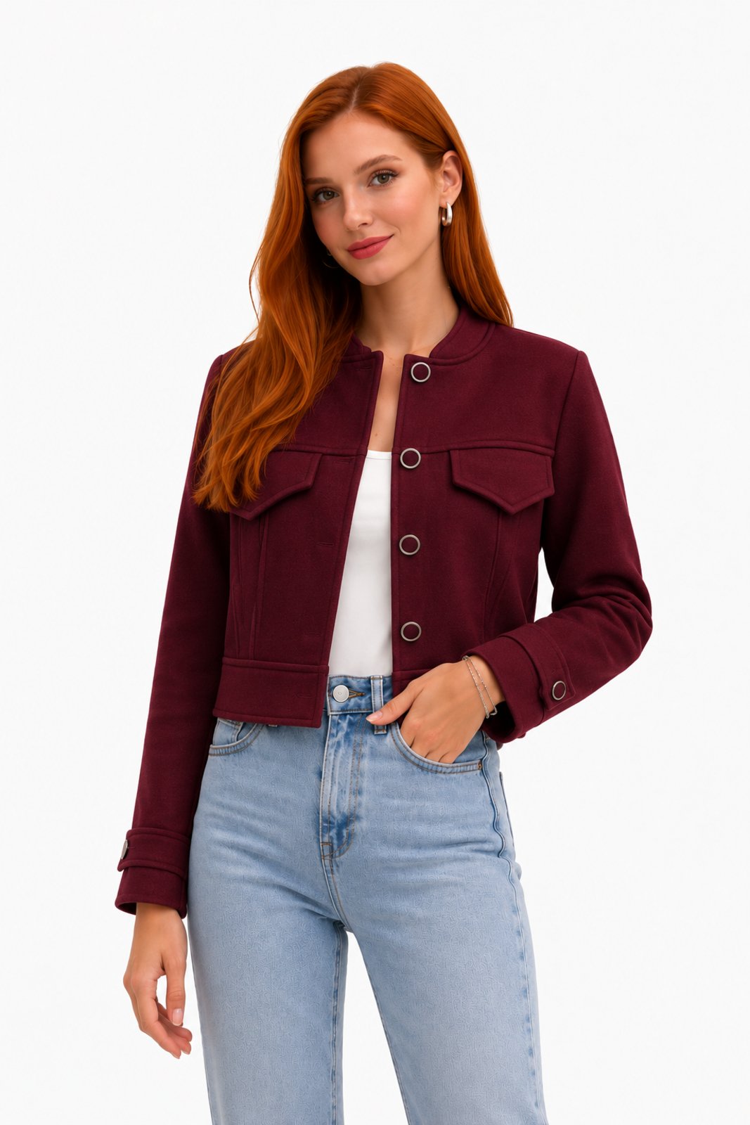 Jaqueta Cropped D Bell Outlet Fashion Lã Batida Vinho