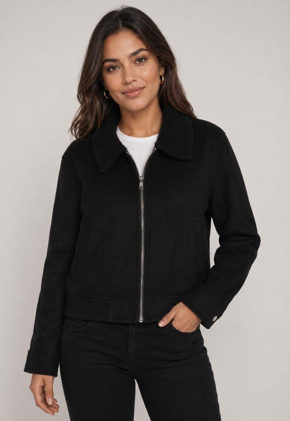 Jaqueta Feminina Facinelli Suede Colarinho de Pelúcia Preta
