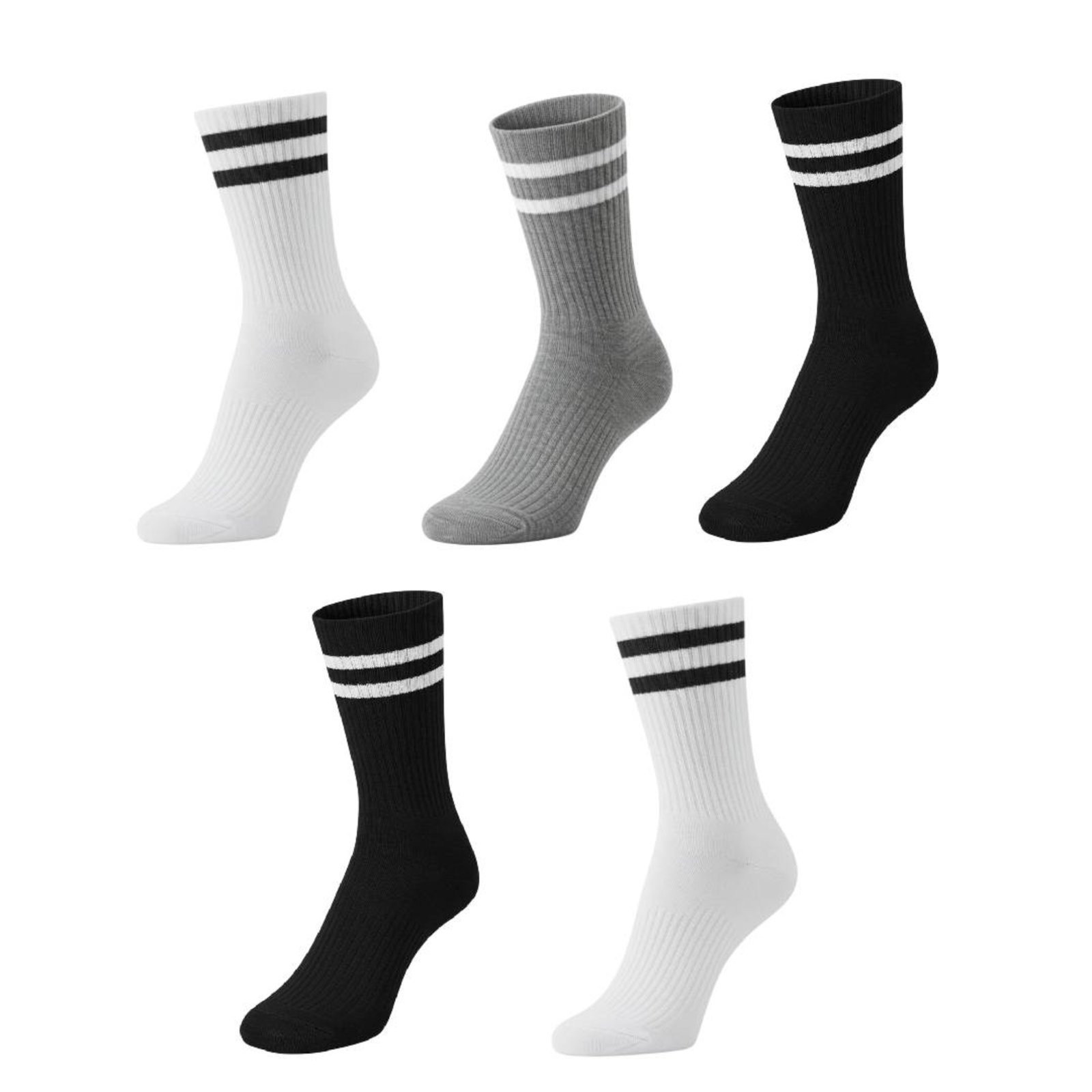 Vista 2 Kit 5 Meias Listradas Cano Médio Algodão Academia Cross Skate Caminhada 2 Listras QLC SPORT branco/cinza/preto