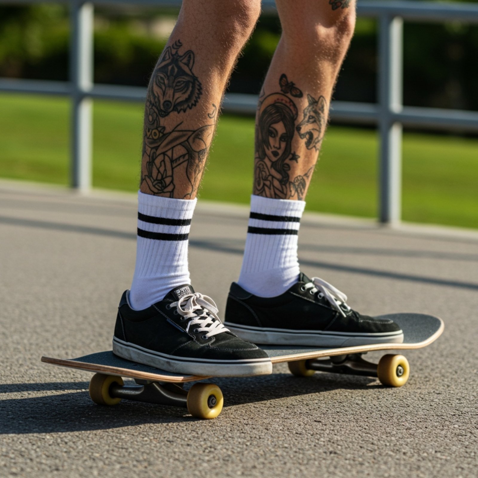 Vista 3 Kit 5 Meias Listradas Cano Médio Algodão Academia Cross Skate Caminhada 2 Listras QLC SPORT branco/cinza/preto