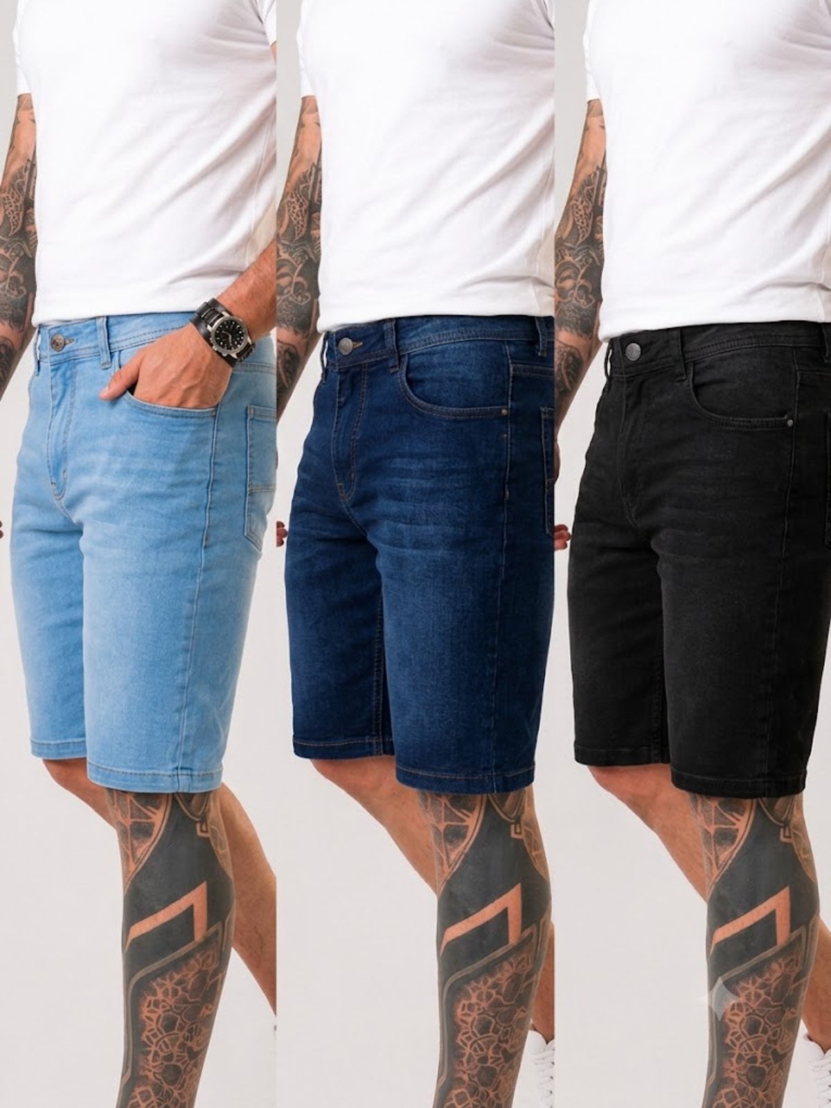 Kit 3 Bermudas Jeans Masculina Yellow Jeans Skinny Com Elastano Moderna Conforto E Estilo Delave Azul Escuro Preto