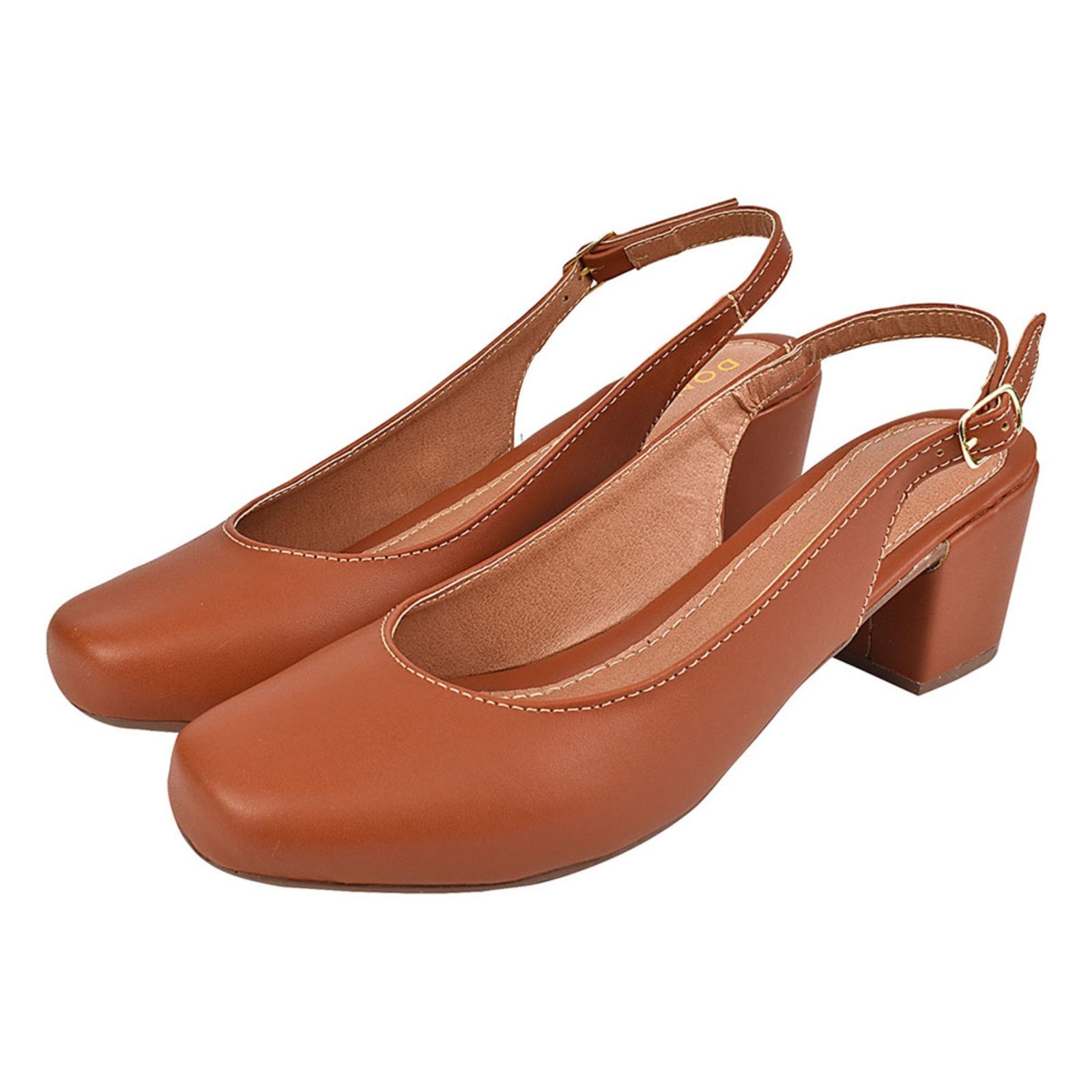 Sapato Scarpin Aberto CM Calçados Bico Quadrado Salto Confort Fivela Caramelo