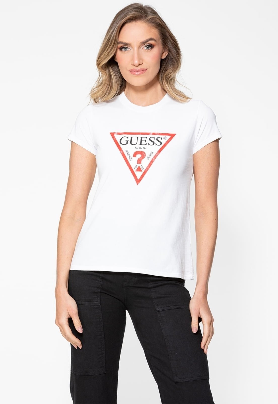 Camiseta Guess Triang Trad Desgastado Branco