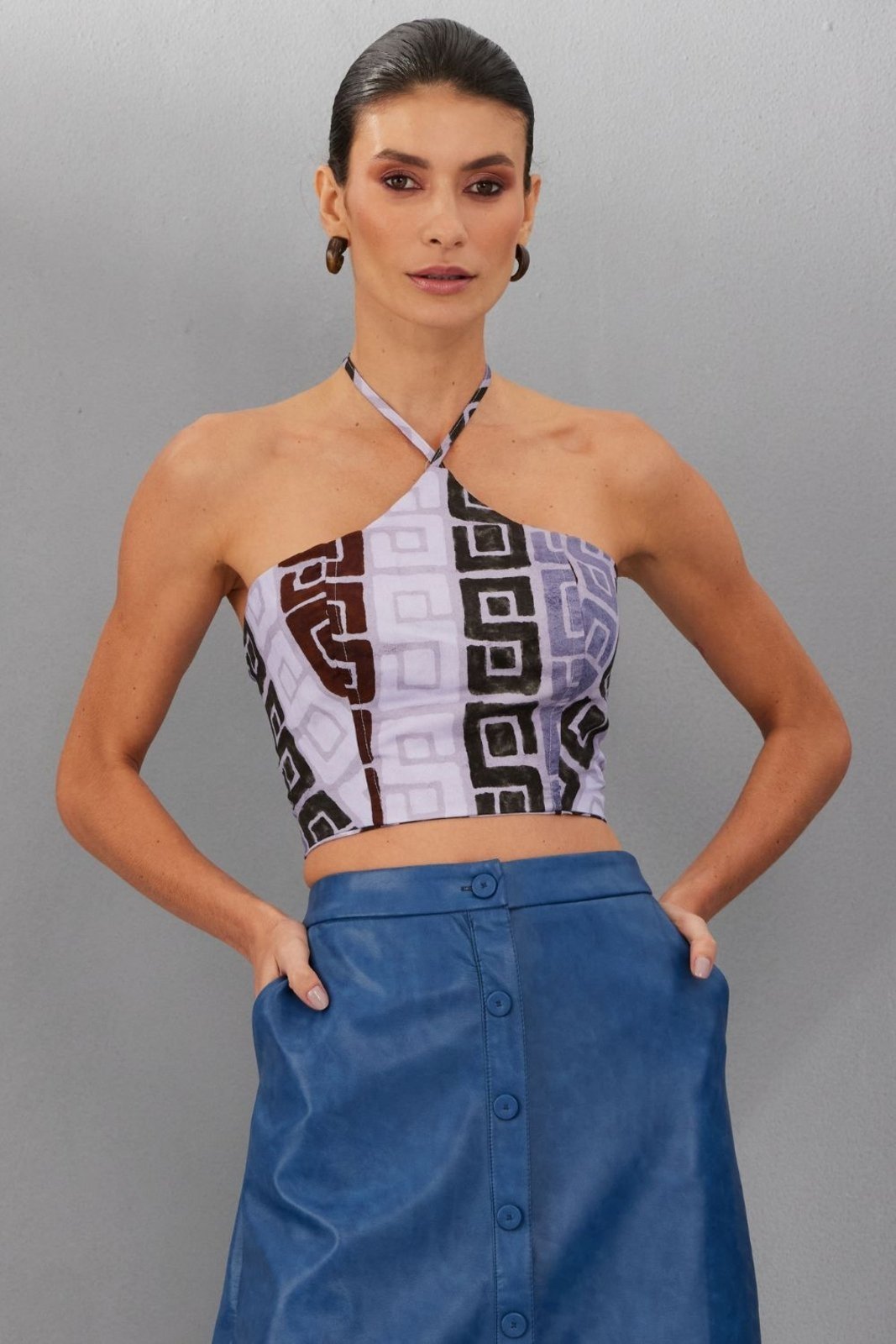 Cropped Feminino Padrão Geométrico Smk Estampado
