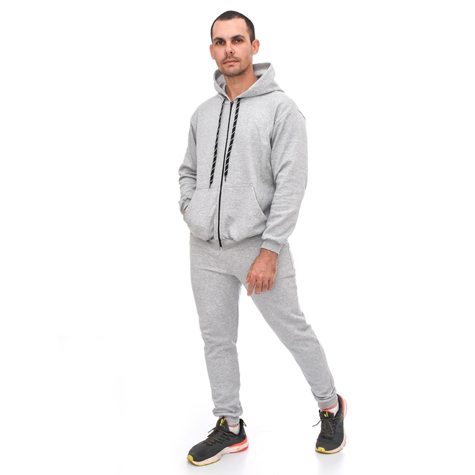 Conjunto Em Moletom Blusa Com Zíper e Capuz Jaqueta E Calça Estilo Jogger Adulto Cinza Aliarthe