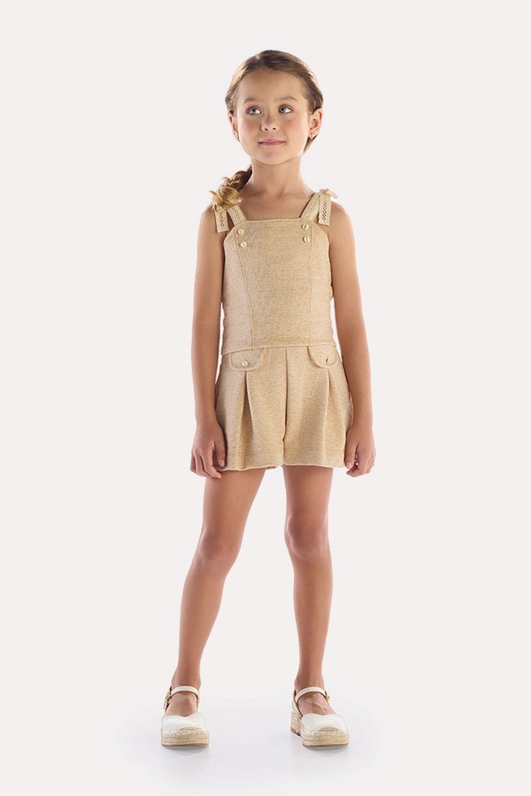 Infantil - Conjunto Blusa com Renda e Shorts Social Linho Caramelo
