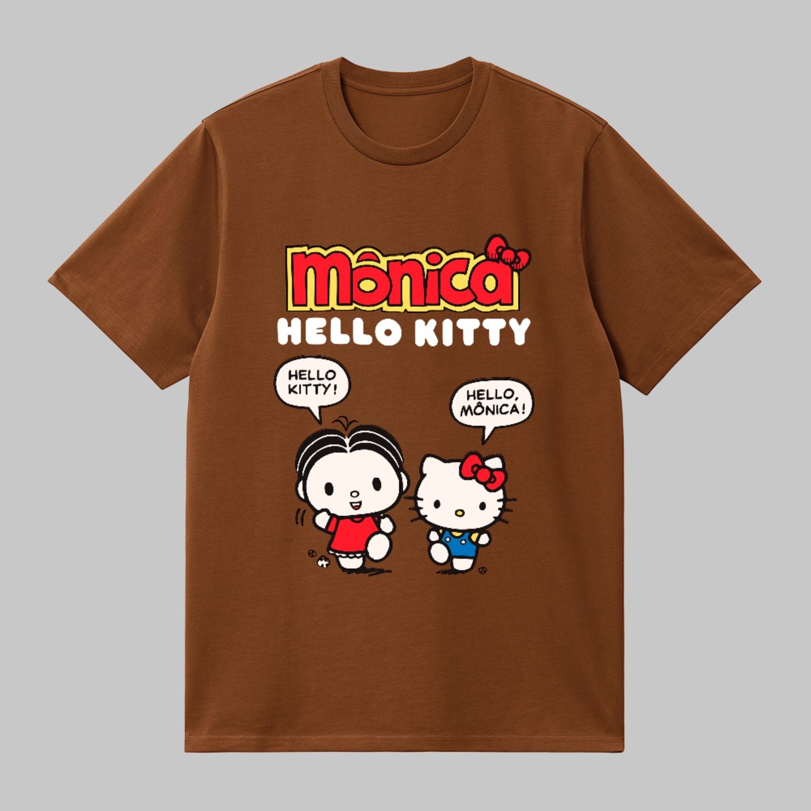 Camiseta Básica Ilustração Clássica Fofa Mônica Hello Kitty Unissex Marrom