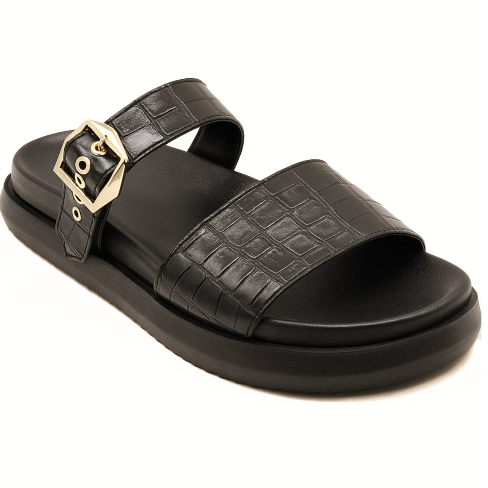 Papete Flatform Feminina Slide Duas Tiras Confortável Croco Preto 006