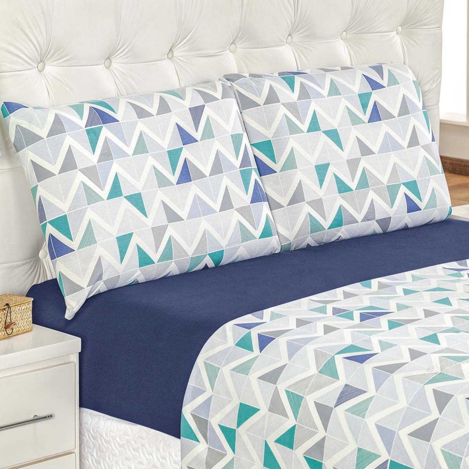 Jogo de Cama Casa Scarpa Quality Solteiro Estampado Malha Algodão 3 Peças - Azul Geométrico
