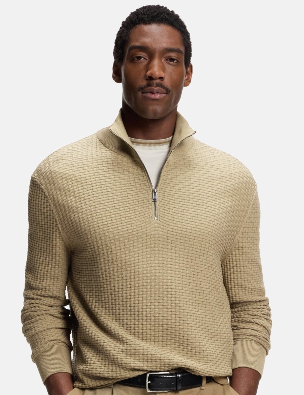 Suéter Hugo Boss Masculino Regular Fit Tricot Half Zip Cáqui Claro