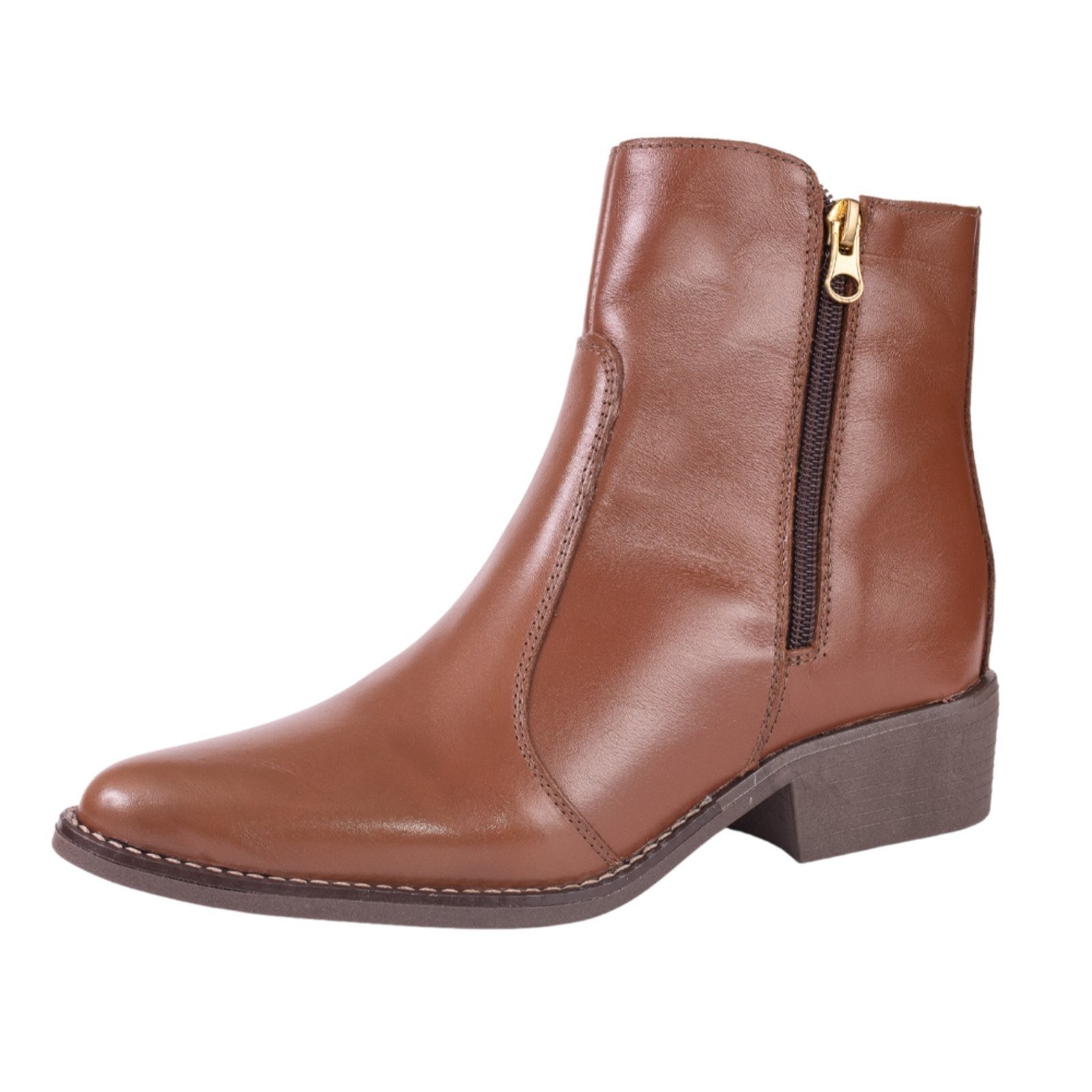 Bota Feminina Cano Baixo Bico Fino Couro Conhaque Kuento Shoes