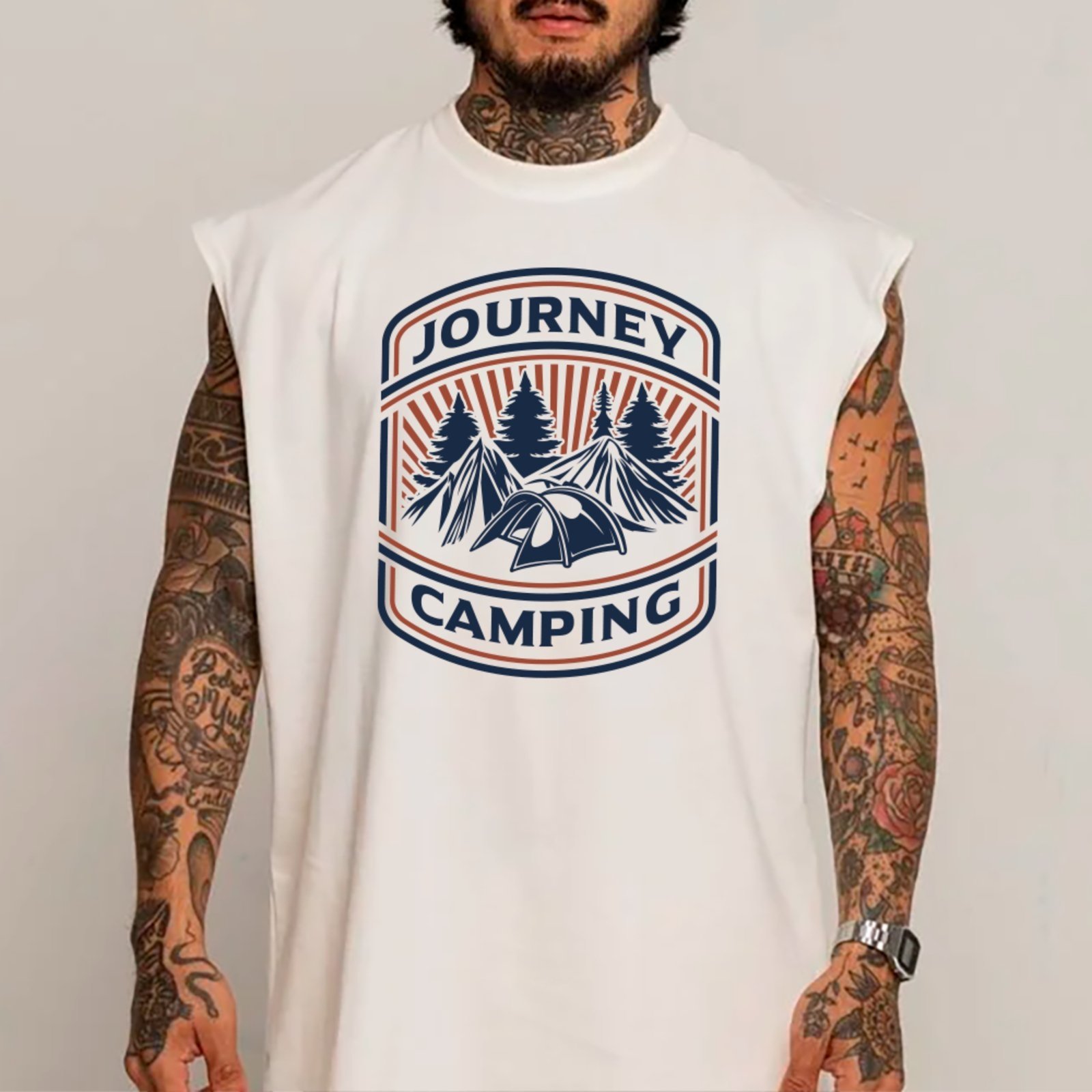 Camiseta Regata Machão Ousy Journey Camping Oversized Masculina Branco