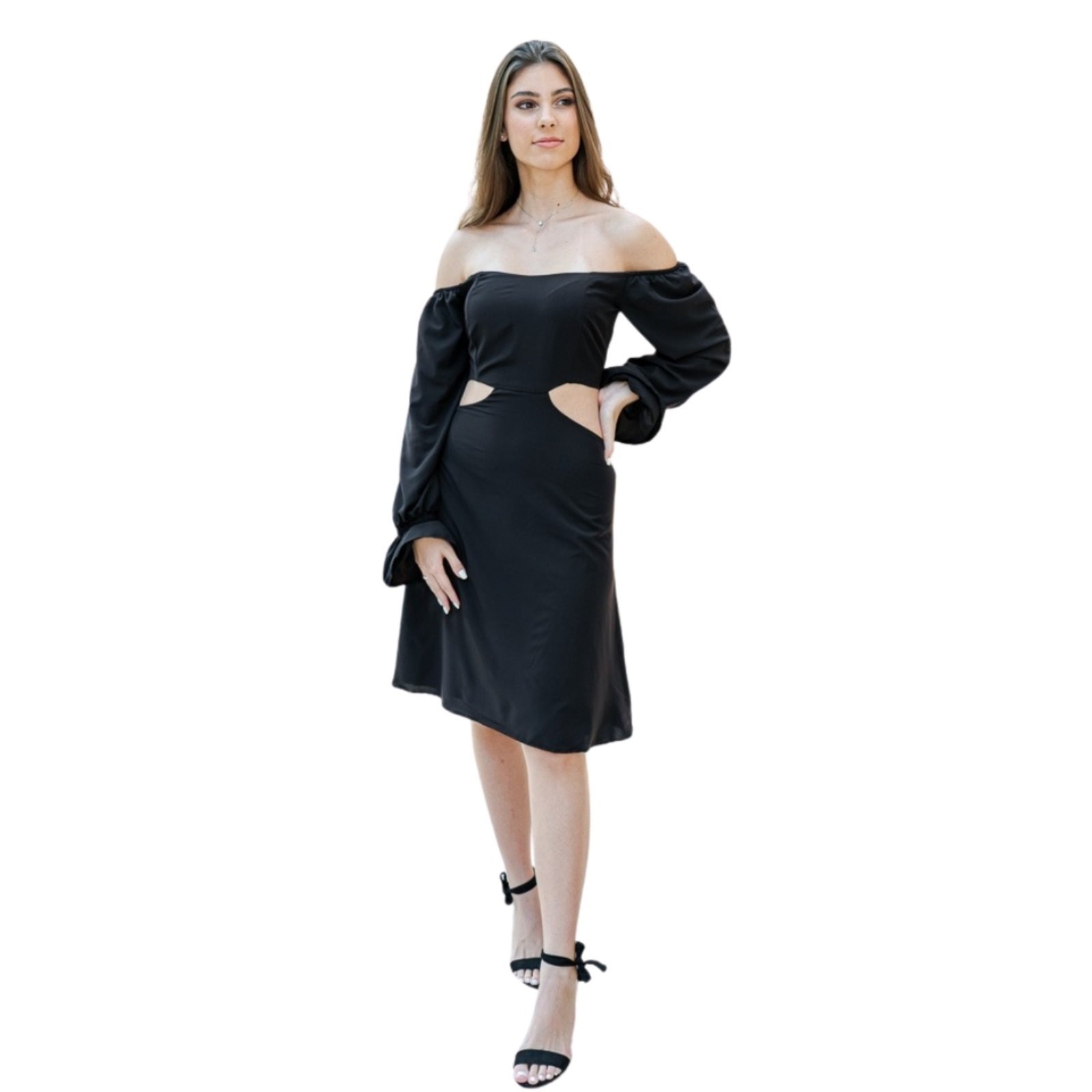 Vestido Midi Manga Longa Viscose Preto
