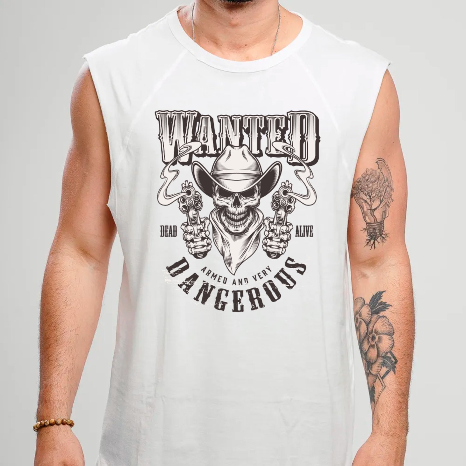 Camiseta Regata Machão Country Wanted Dead Or Alive Estilo Autêntico Western Masculina Branco
